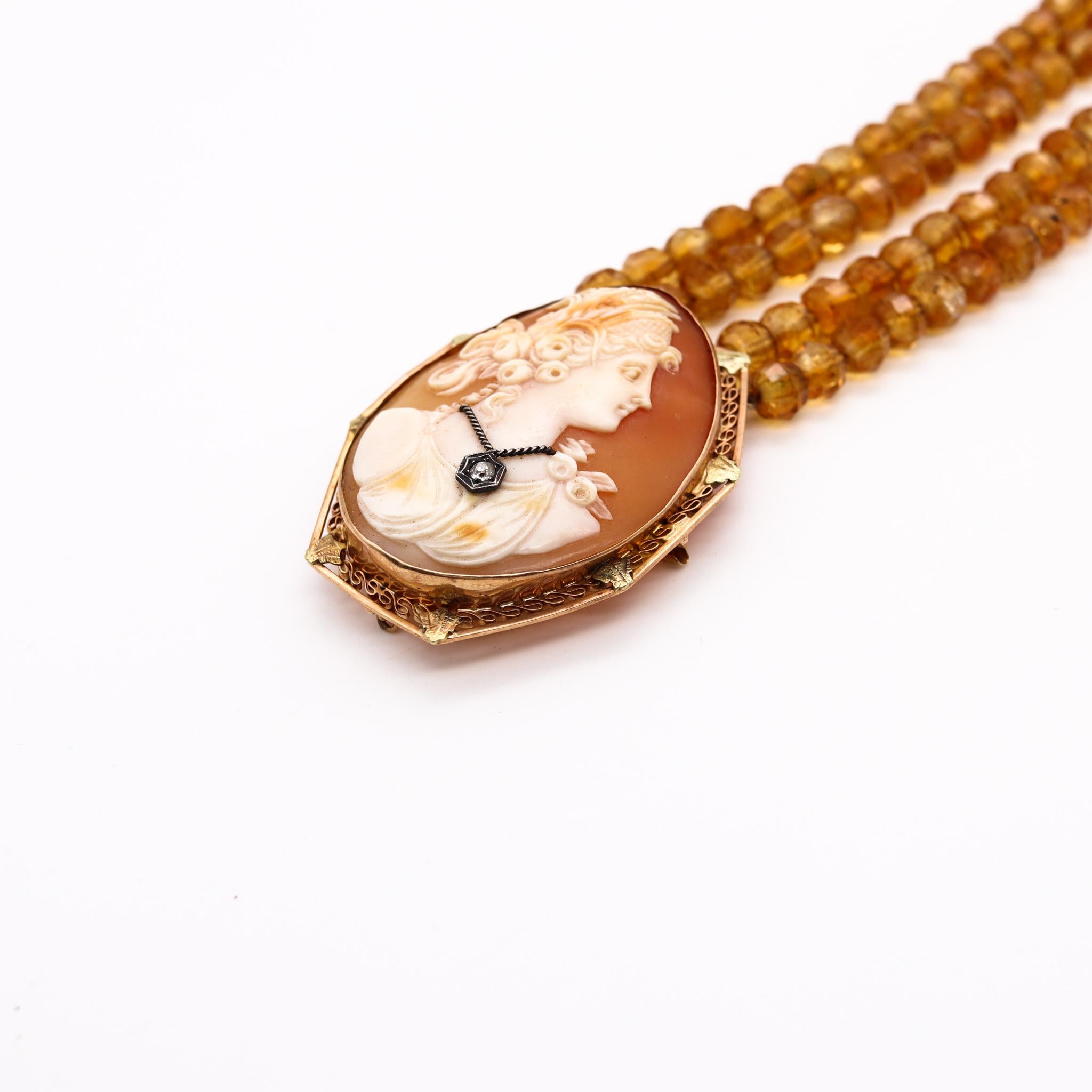 Art Deco 1930 Italy Antique Cameo Necklace 14Kt Yellow Gold With Carved Citrines In Excellent Condition For Sale In Miami, FL