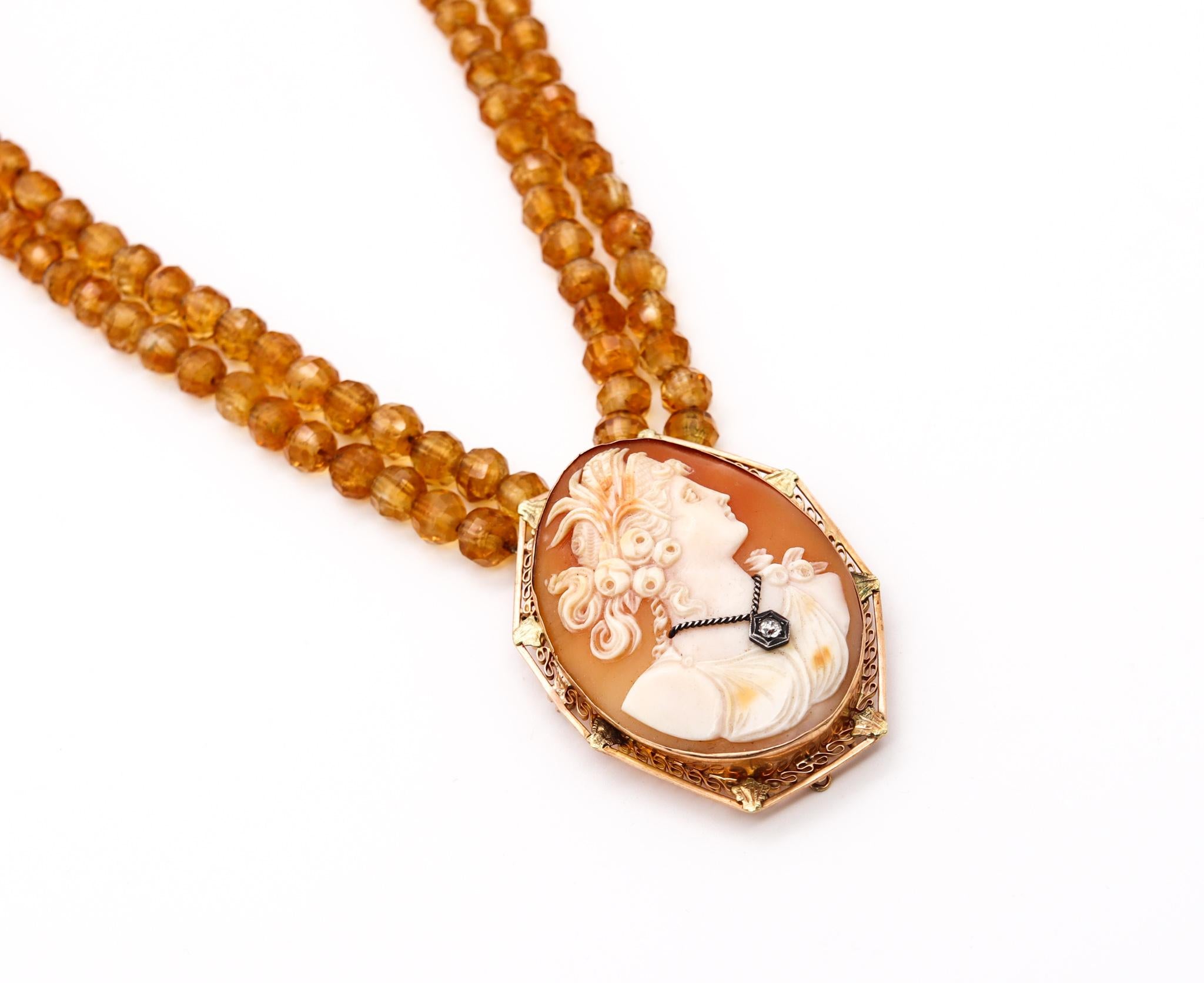 Art Deco 1930 Italy Antique Cameo Necklace 14Kt Yellow Gold With Carved Citrines For Sale 2