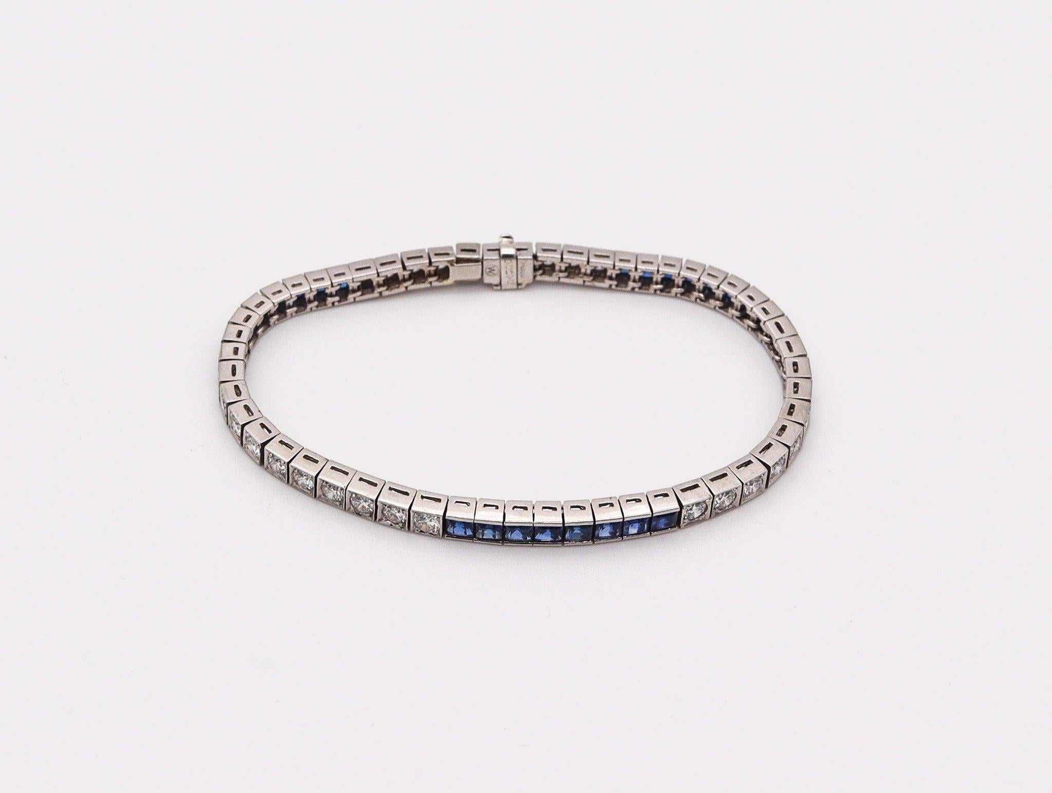 Art Deco ART DECO 1930 Line Bracelet In Platinum With 9.24 Ctw In Diamonds And Sapphires For Sale