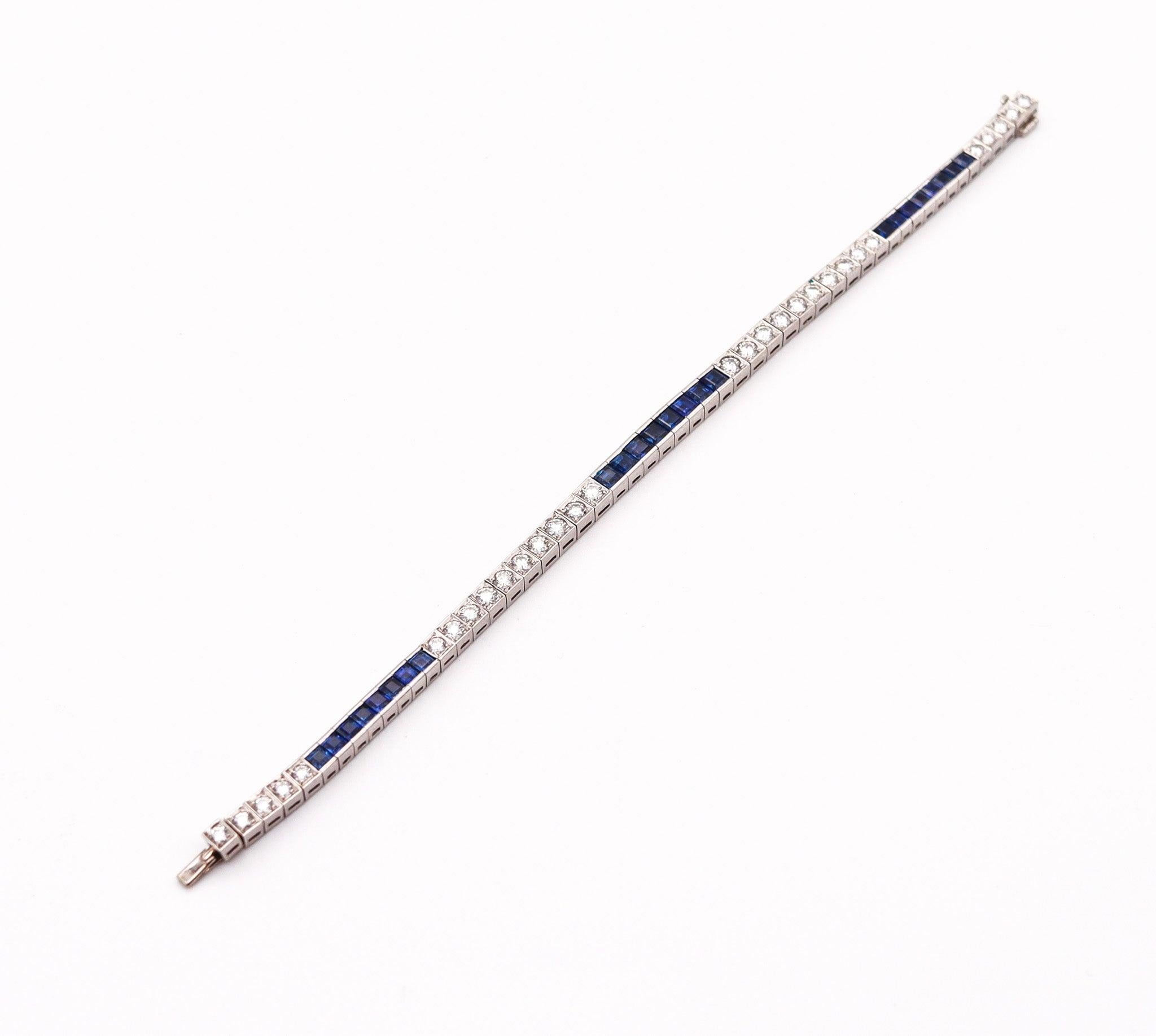 French Cut ART DECO 1930 Line Bracelet In Platinum With 9.24 Ctw In Diamonds And Sapphires For Sale
