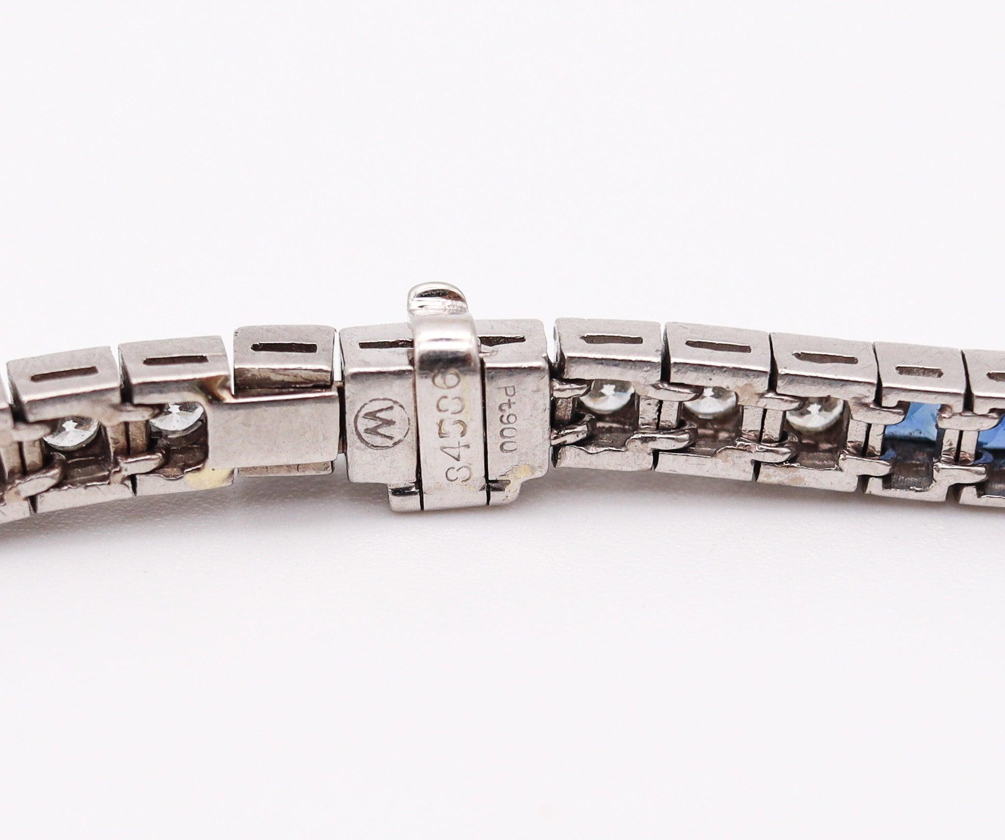Women's ART DECO 1930 Line Bracelet In Platinum With 9.24 Ctw In Diamonds And Sapphires For Sale