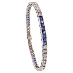 Pulsera ART DECO 1930 Line de platino con 9,24 qt de diamantes y zafiros