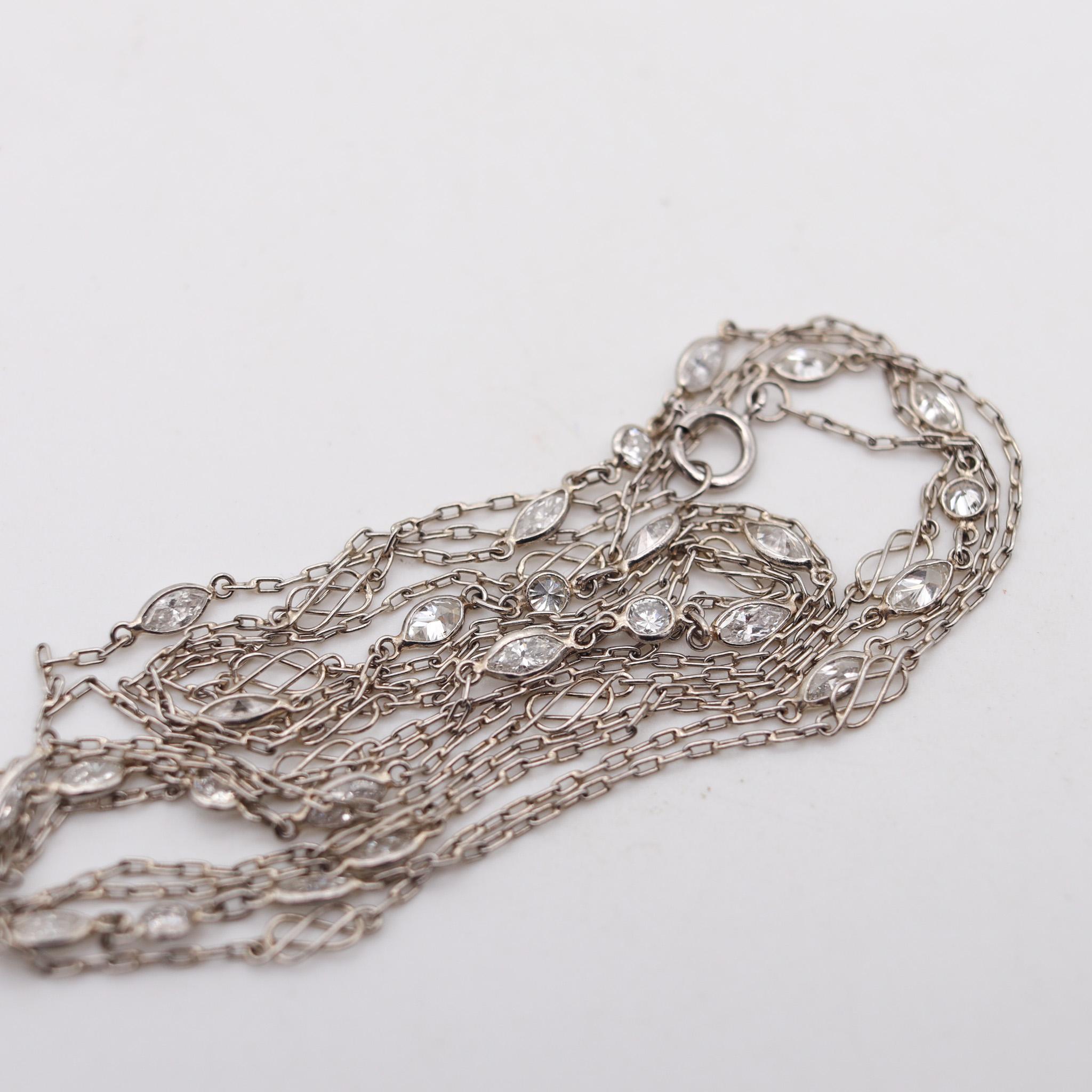 Old European Cut Art Deco 1930 Long Stations Chain Necklace In Platinum With 2.52 Ctw In Diamonds For Sale