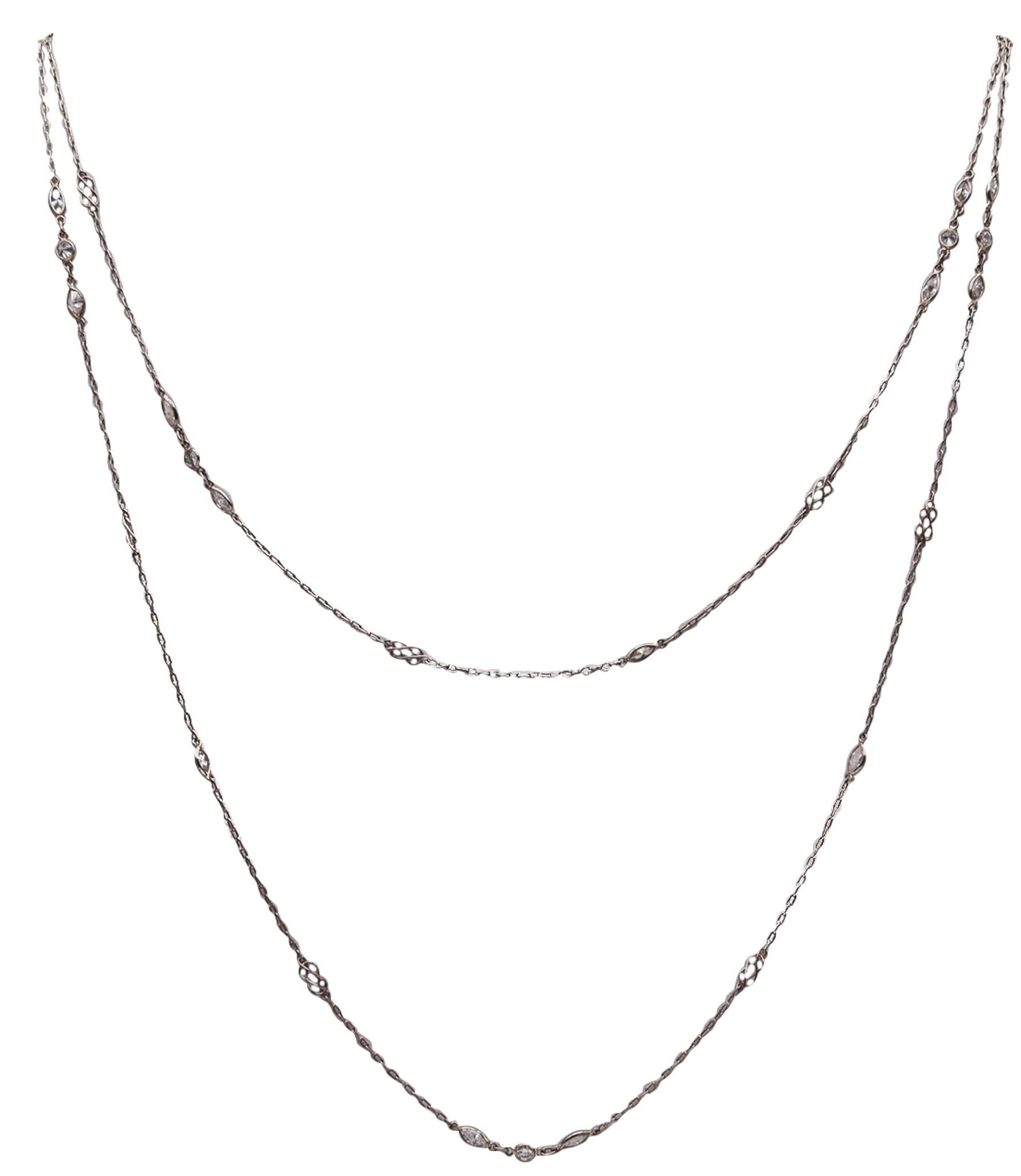 Art Deco 1930 Long Stations Chain Necklace In Platinum With 2.52 Ctw In Diamonds