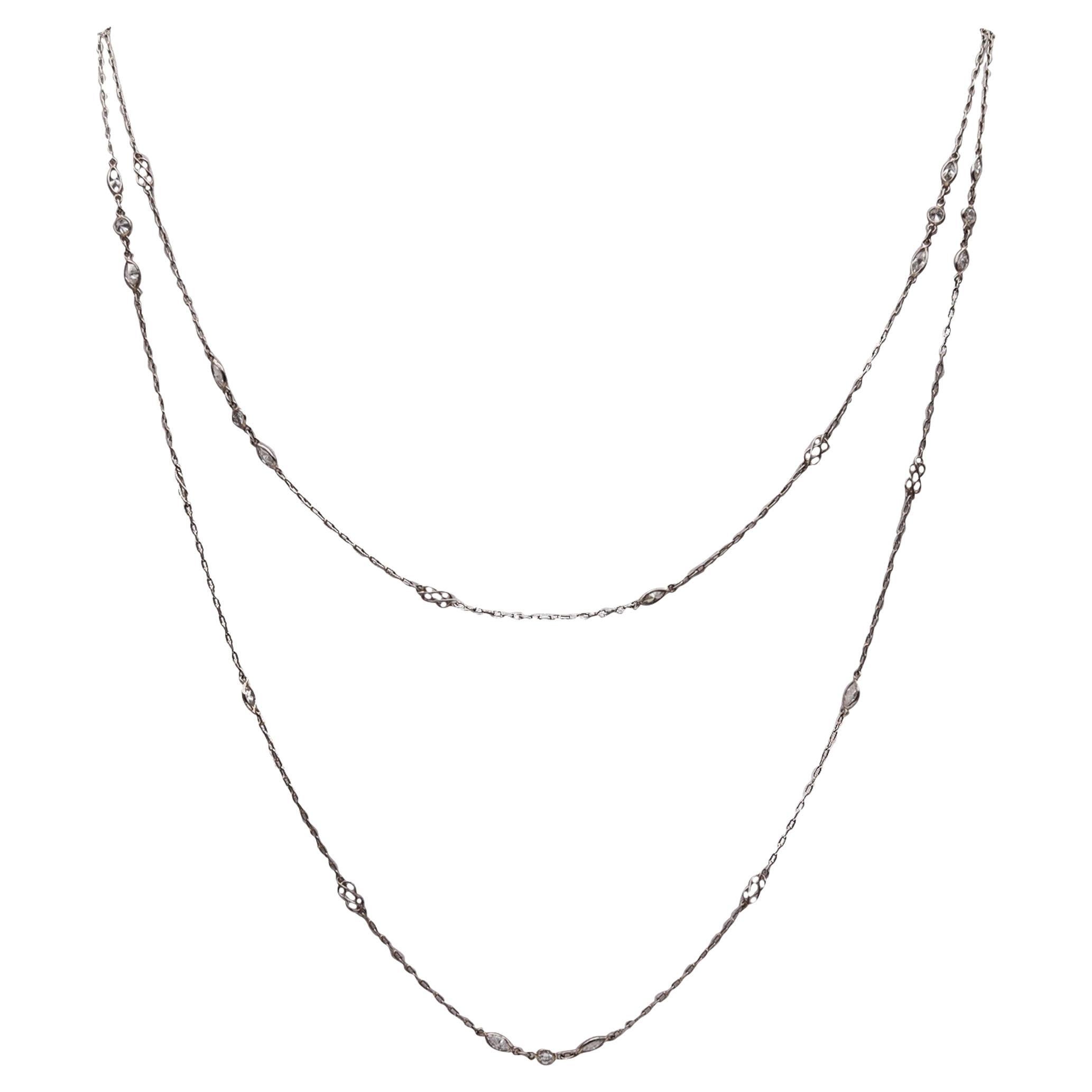 Art Deco 1930 Long Stations Chain Necklace In Platinum With 2.52 Ctw In Diamonds