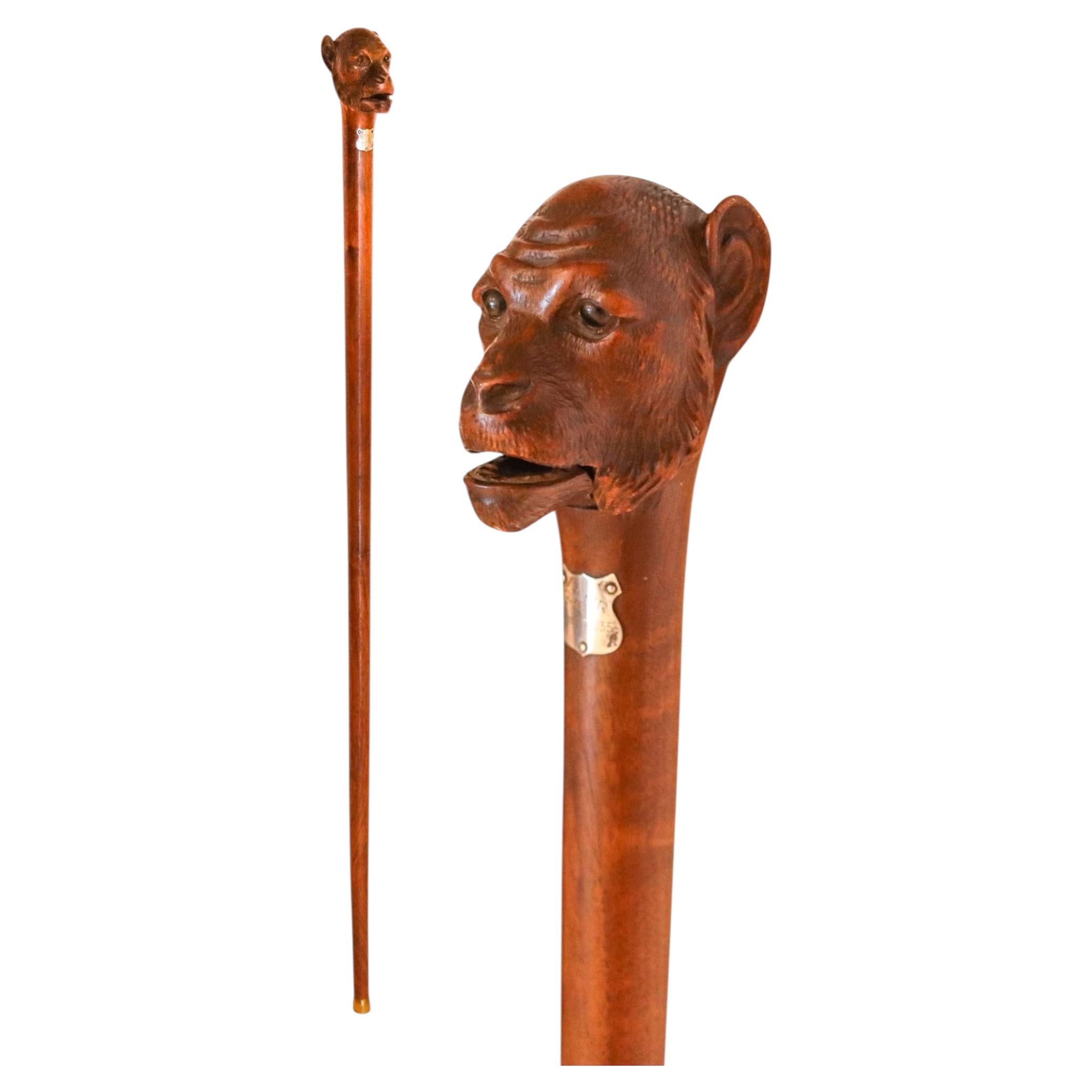 ART-DECO 1930 Canne en bois sculpté en forme de singe avec bouche mobile