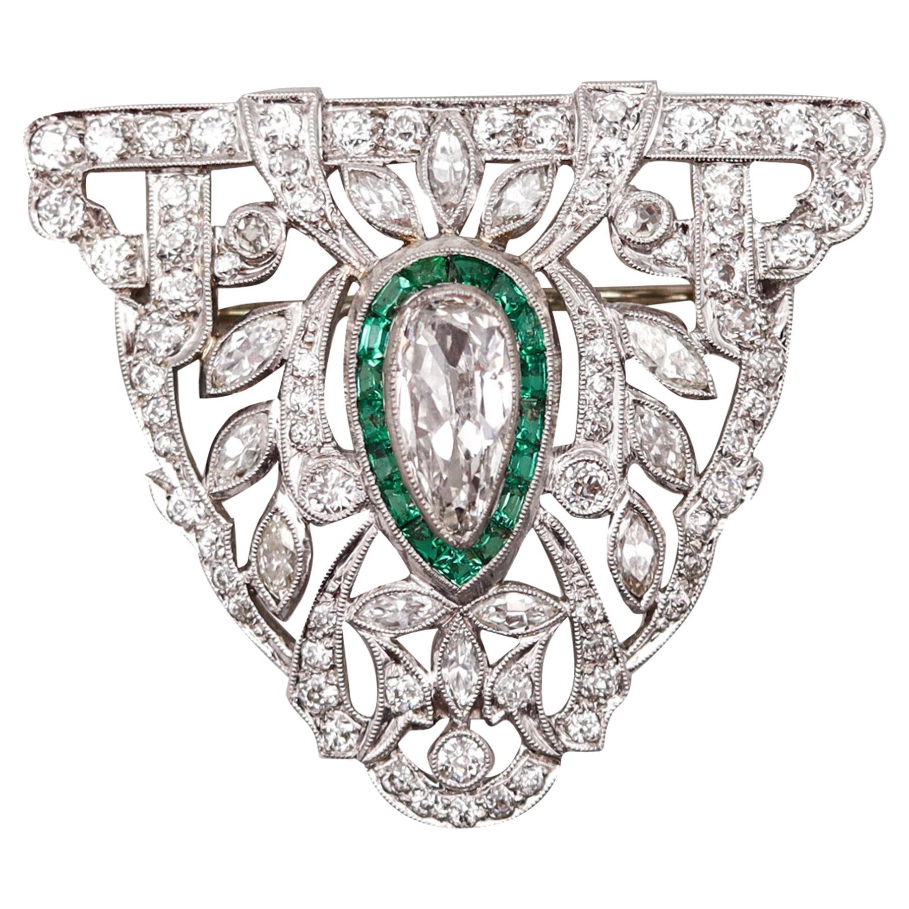 Art Deco 1930 Pendant Brooch In Platinum With 5.01 Ctw In Diamonds And Emeralds For Sale