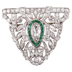 Vintage Art Deco 1930 Pendant Brooch In Platinum With 5.01 Ctw In Diamonds And Emeralds