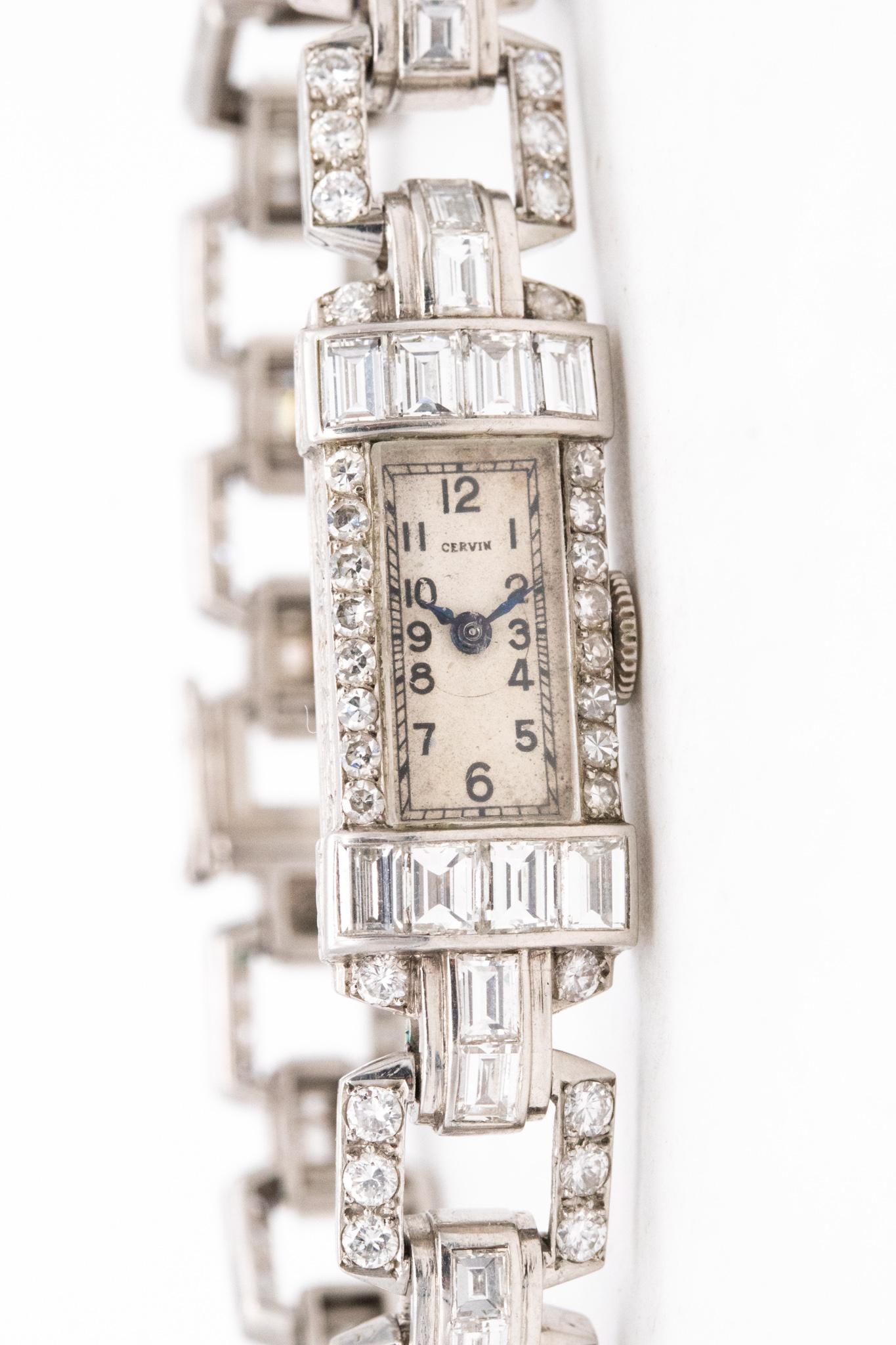 Art Deco 1930 Platinum Cervin Lady Wristwatch Bracelet with 6.75 Cts VS Diamonds For Sale 3