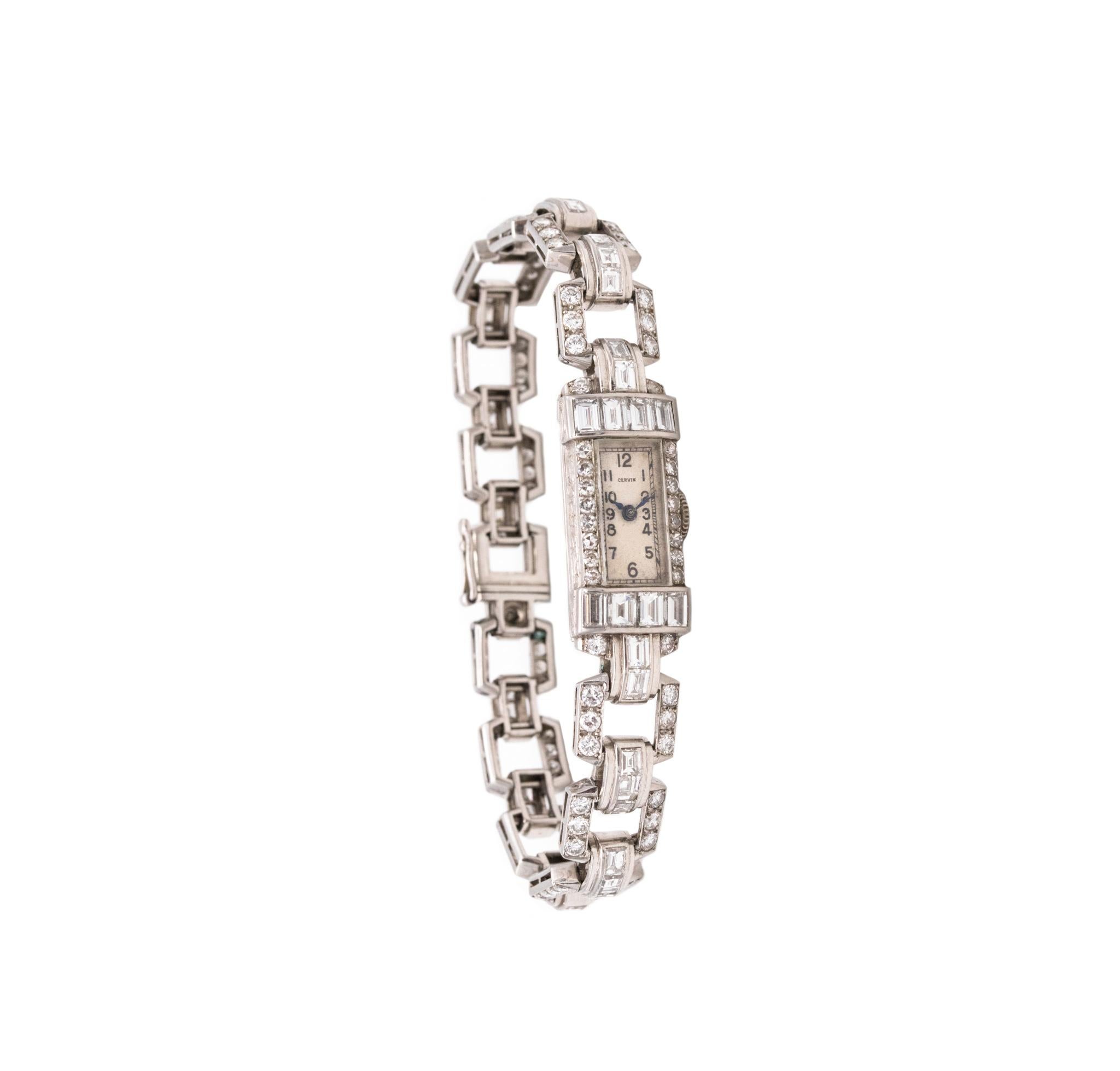 Art Deco 1930 Platinum Cervin Lady Wristwatch Bracelet with 6.75 Cts VS Diamonds For Sale 4