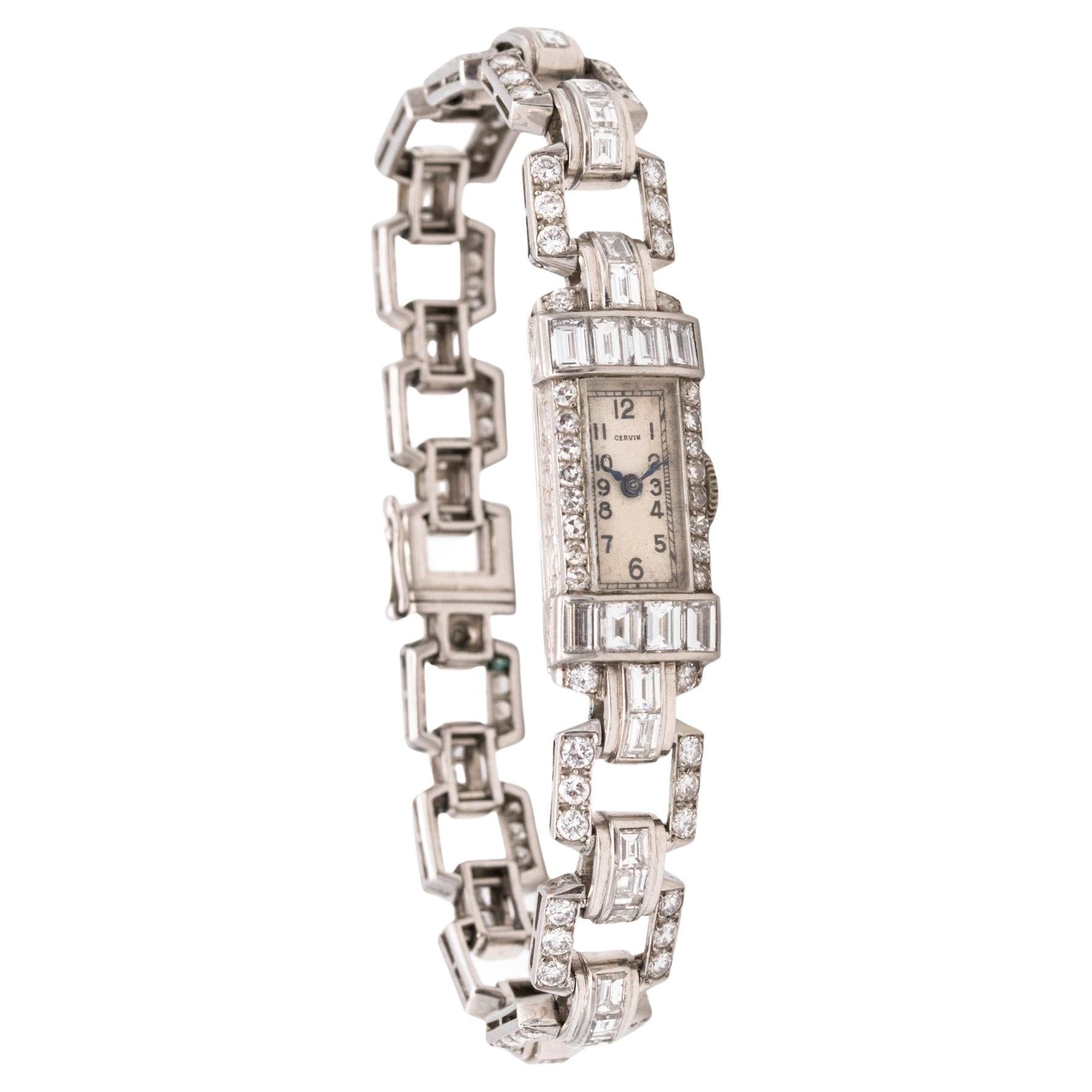 Art Deco 1930 Platinum Cervin Lady Wristwatch Bracelet with 6.75 Cts VS Diamonds For Sale