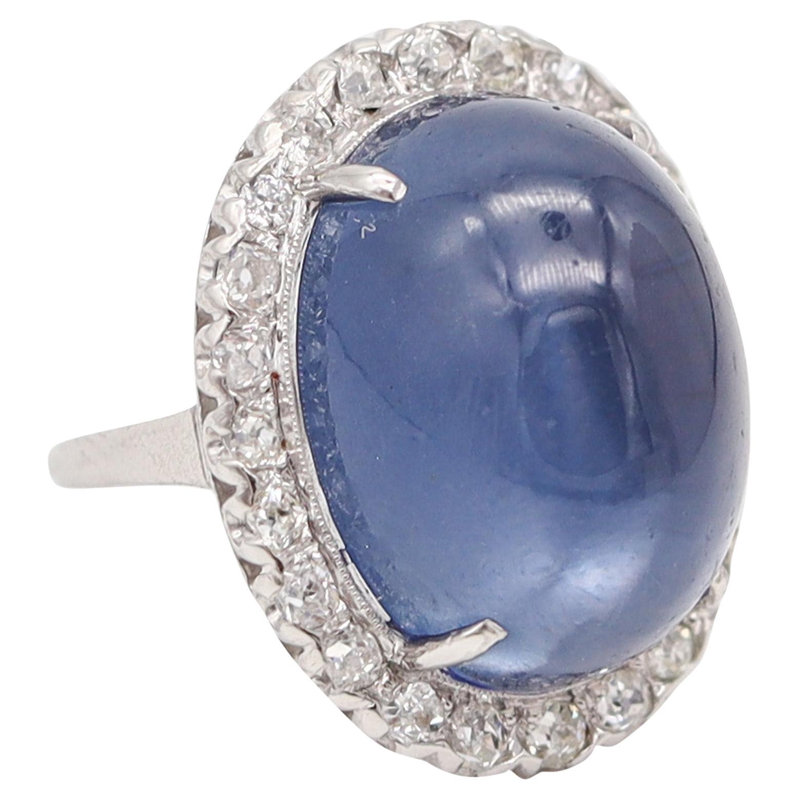 ART DECO 1930 Platinum Cocktail Ring With Star Blue Moonstone & Diamonds