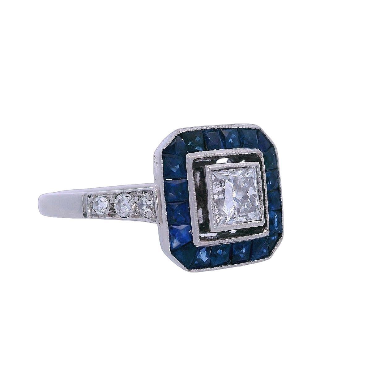 Princess Cut Art Deco 1930 Platinum halo Ring with Diamonds and Blue Sapphires For Sale