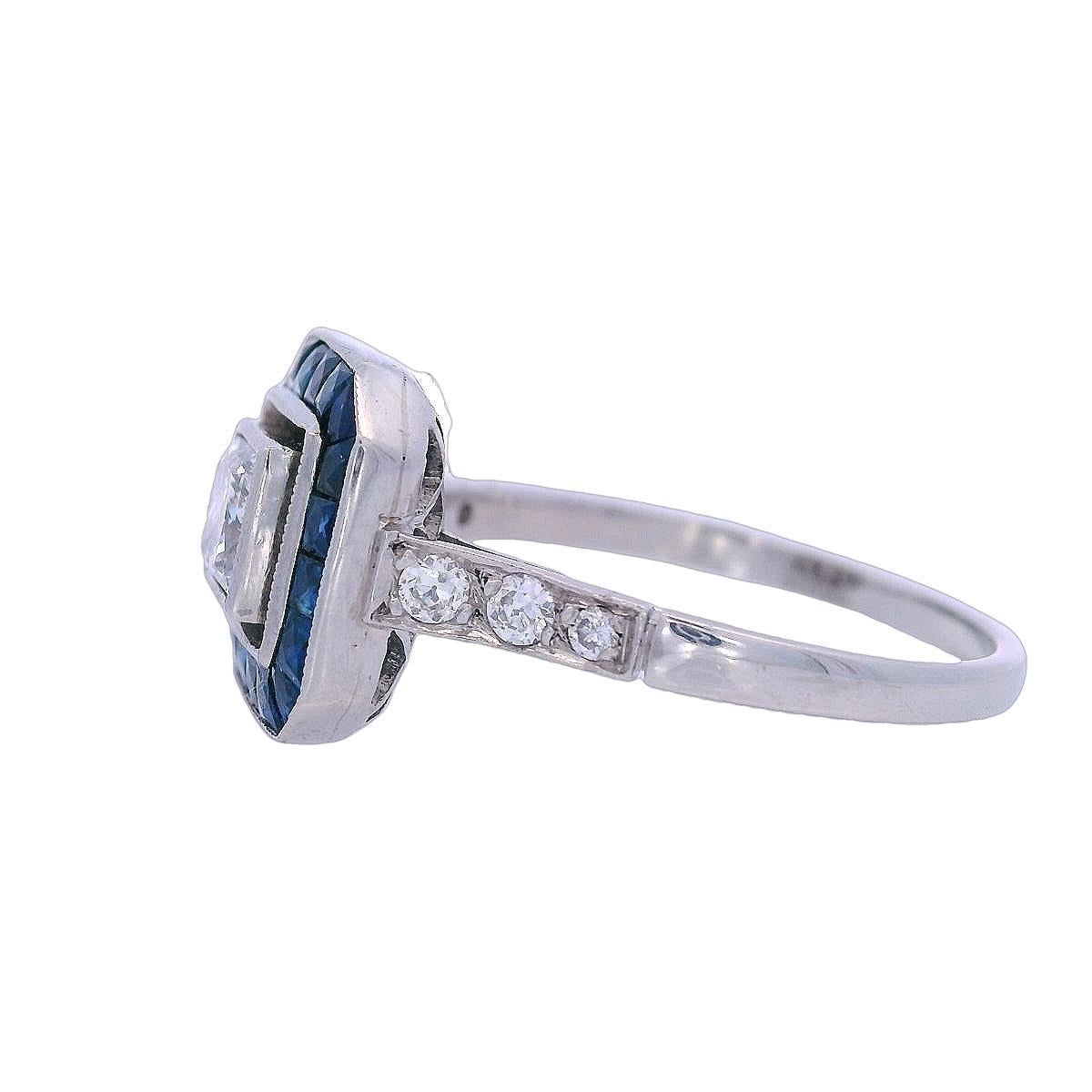 Art Deco 1930 Platinum halo Ring with Diamonds and Blue Sapphires In Excellent Condition For Sale In Aventura, FL