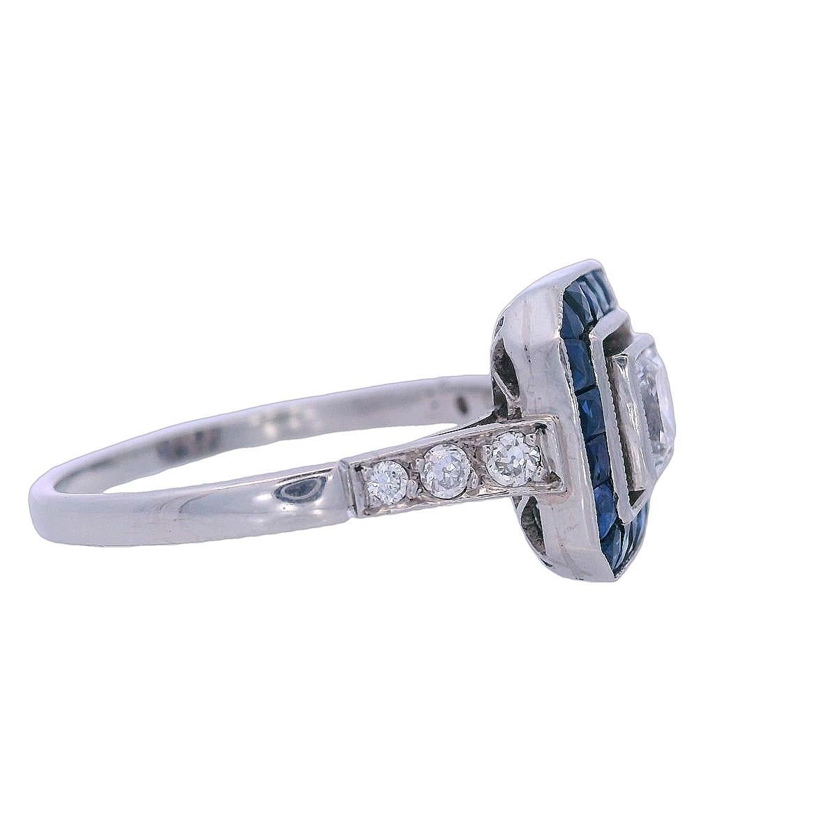 Art Deco 1930 Platinum halo Ring with Diamonds and Blue Sapphires For Sale 1