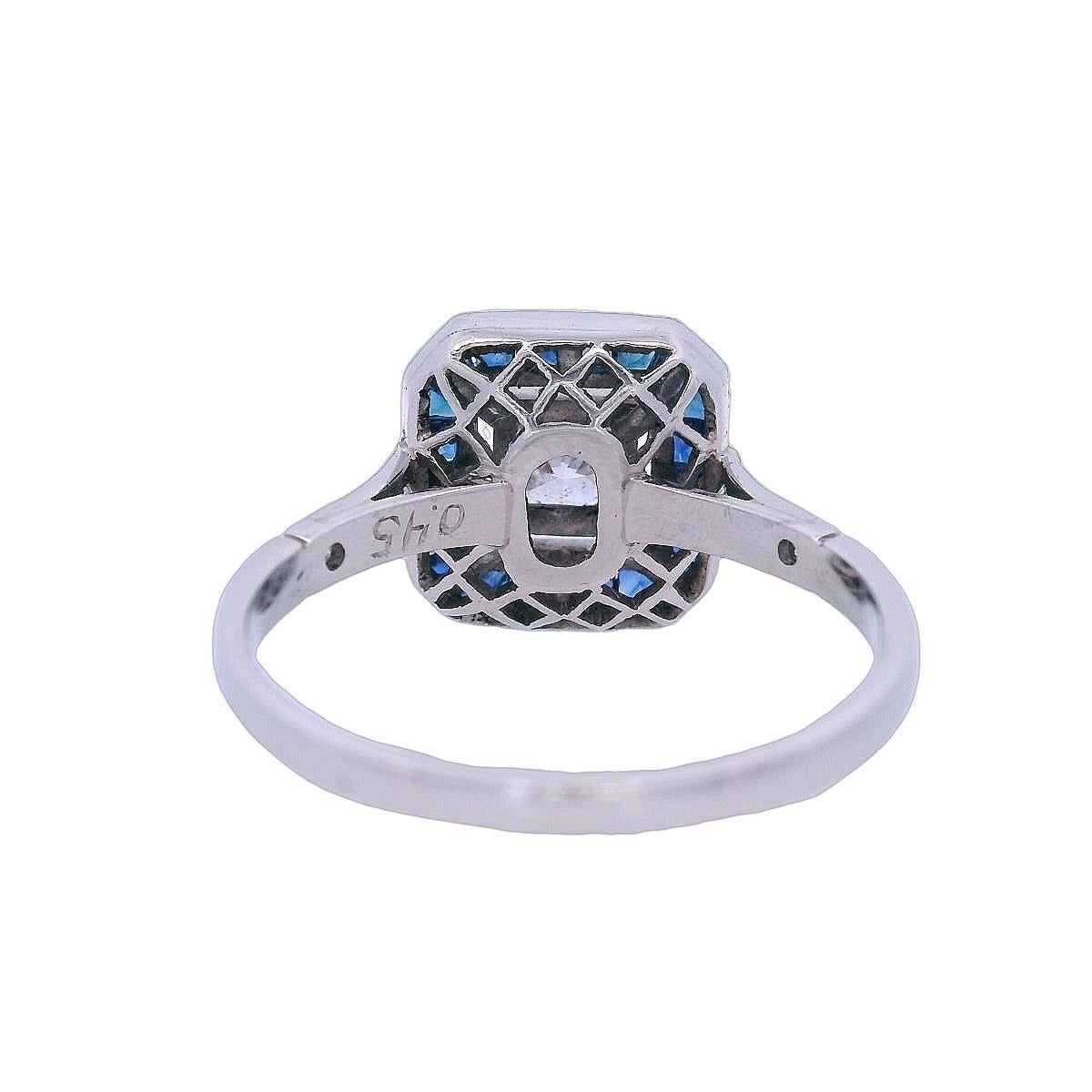 Art Deco 1930 Platinum halo Ring with Diamonds and Blue Sapphires For Sale 2