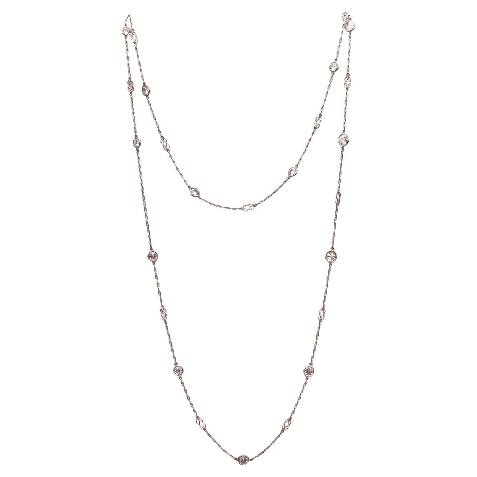 Art Deco 1930 Platinum Long Stations Chain Necklace With 1.82 Cts Round Diamonds For Sale