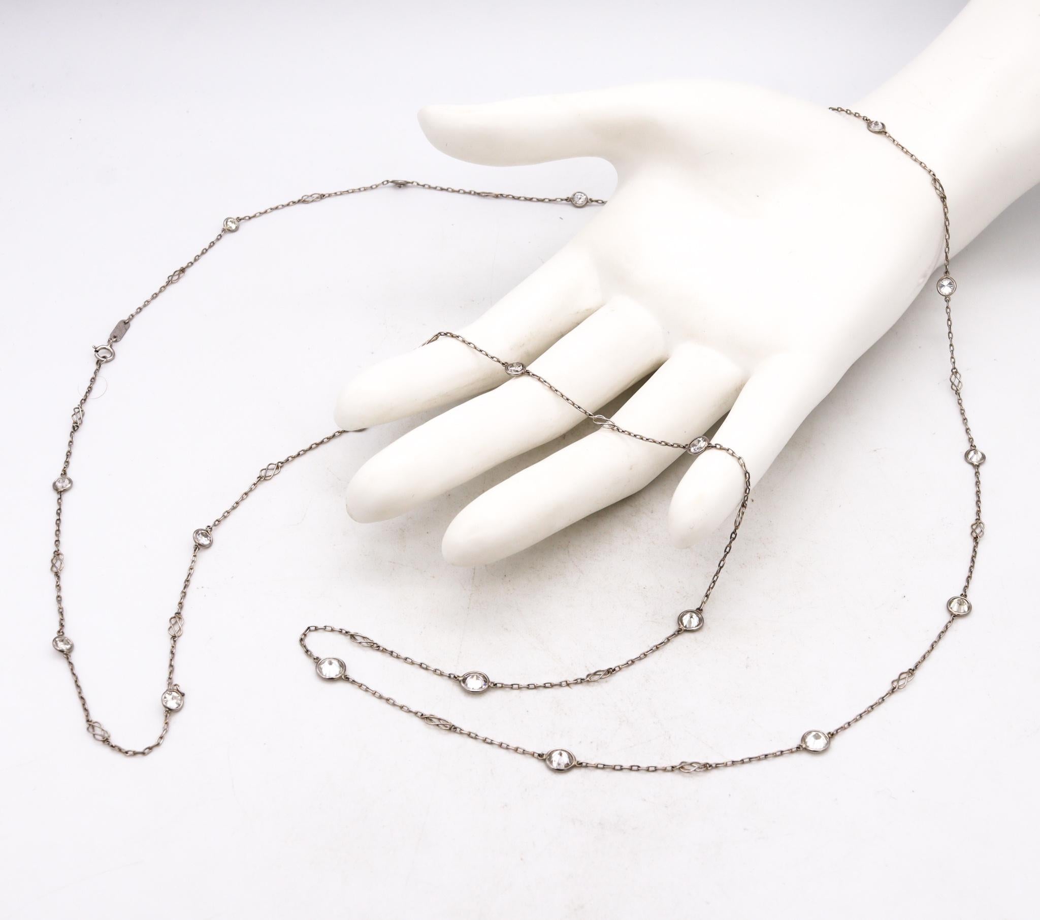 Round Cut Art Deco 1930 Platinum Long Stations Chain Necklace With 1.85 Cts Round Diamonds