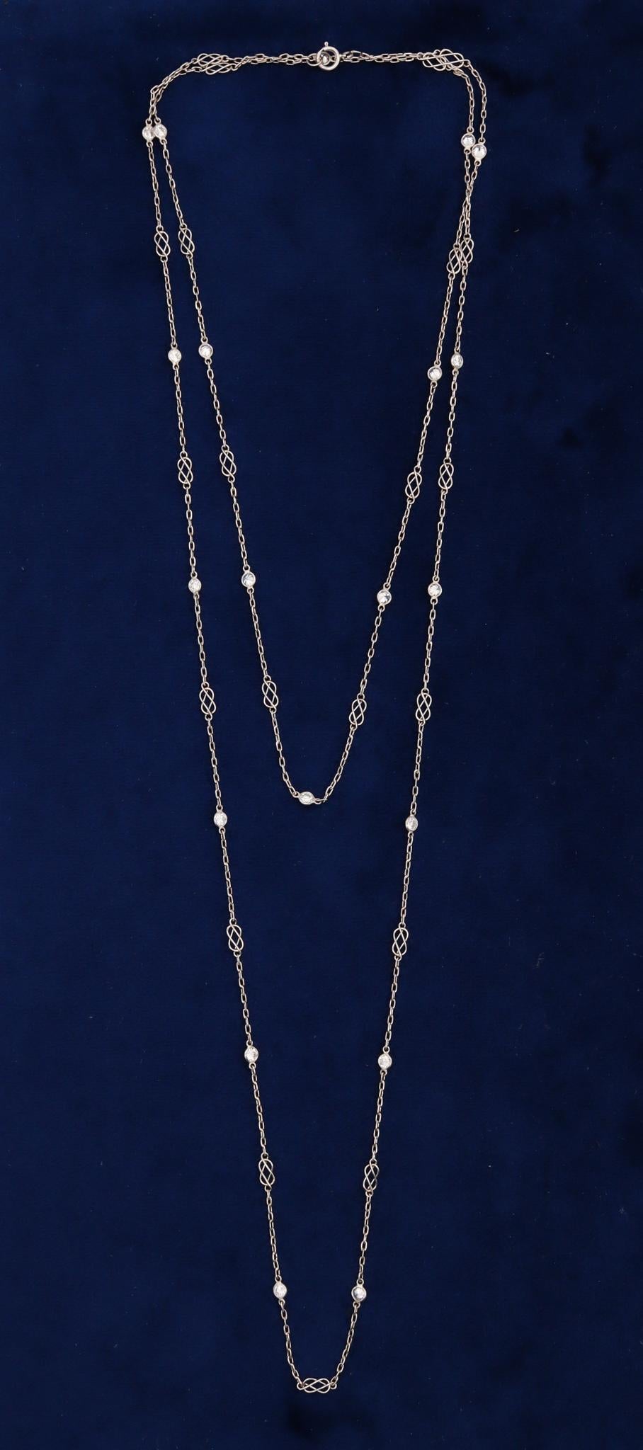 Art Deco 1930 Platinum Stations Chain Necklace with 1.80 Cts Old Cut Diamonds 2