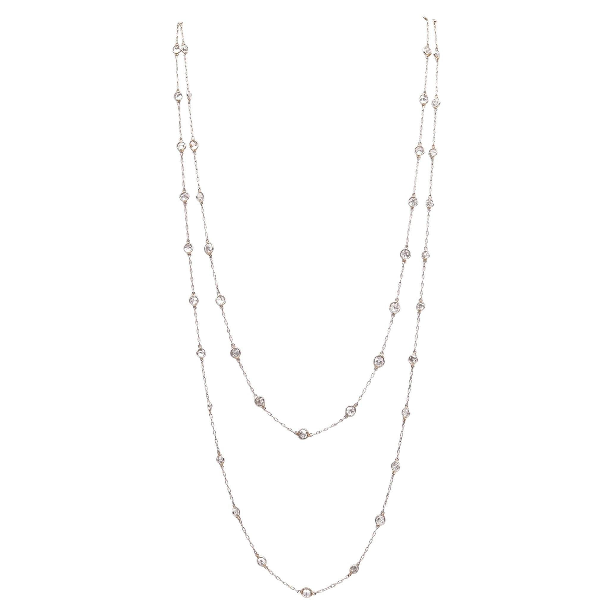 ART DECO 1930 Platinum Stations Necklace Sautoir With 10.86 Cts Round Diamonds