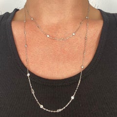 ART DECO 1930 Platinum Stations Necklace Sautoir With 1.82 Cts In Round Diamonds