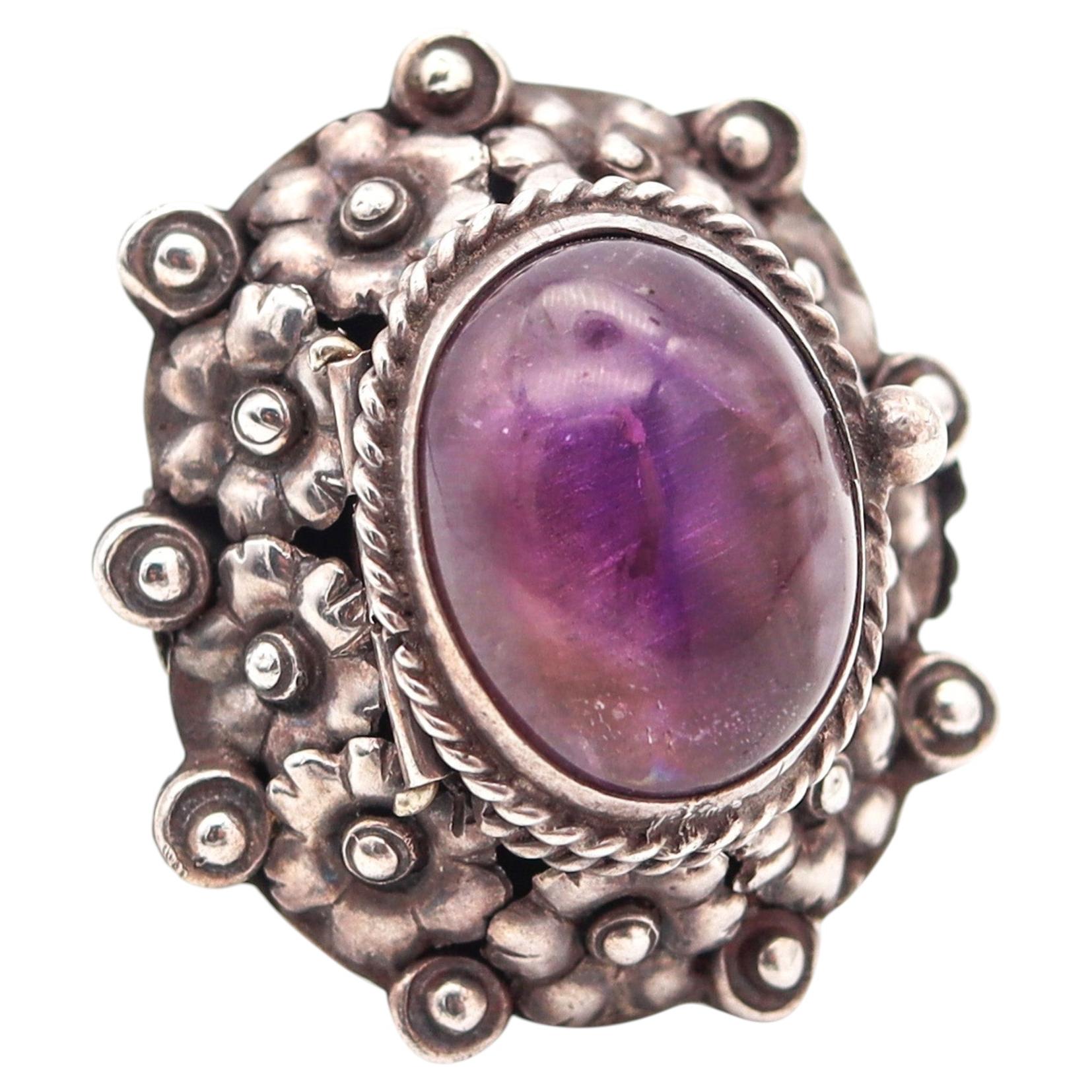 ART-DECO 1930 Poison Hidden-Box Ring In .925 Sterling Silver With Purple