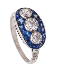 ART DECO 1930 Ring aus Platin mit 2,37 Karat Diamanten und Saphiren