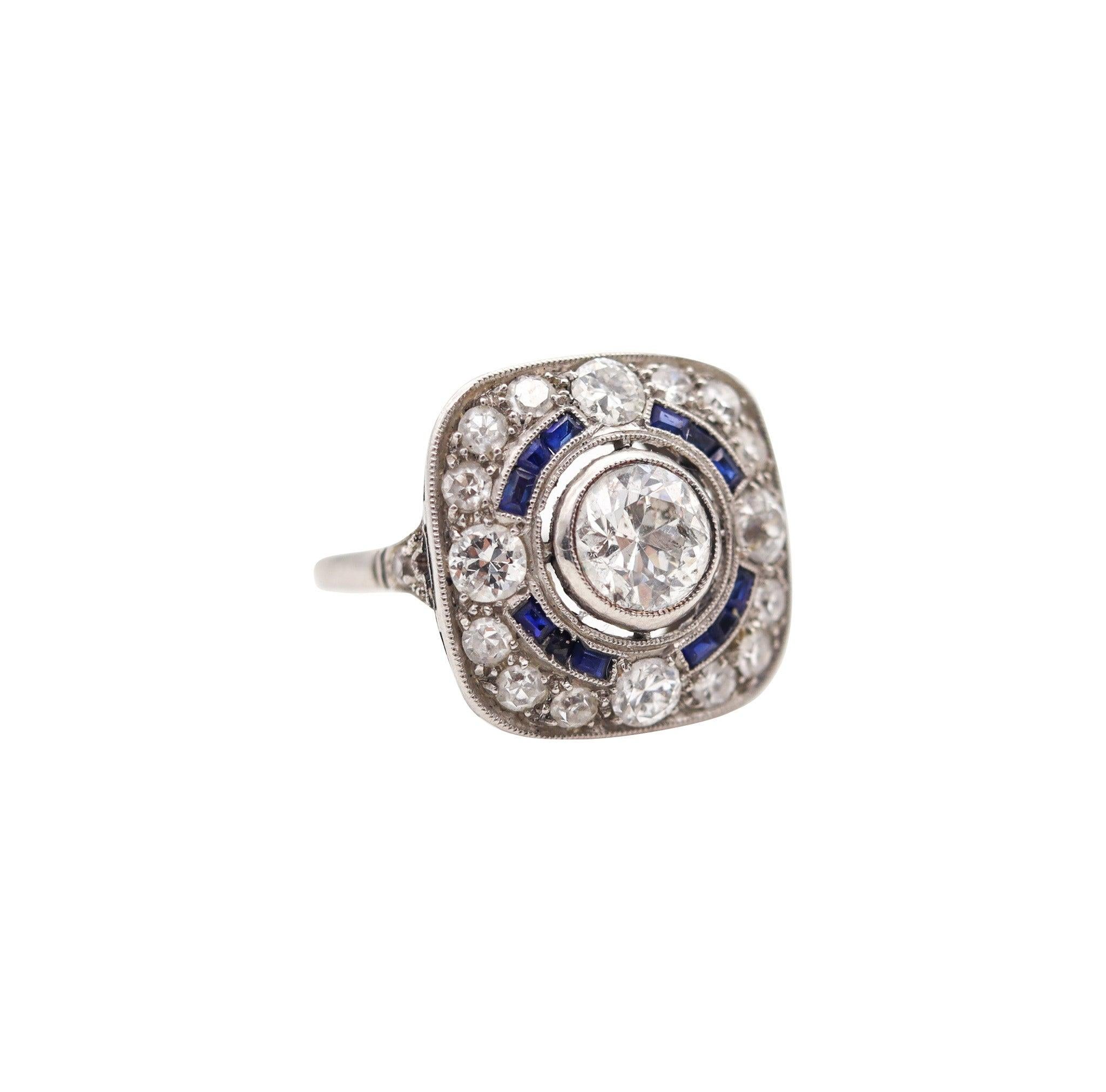 Bague carrée ART DECO 1930 en platine avec 2,23 carats de diamants et saphirs en vente 1