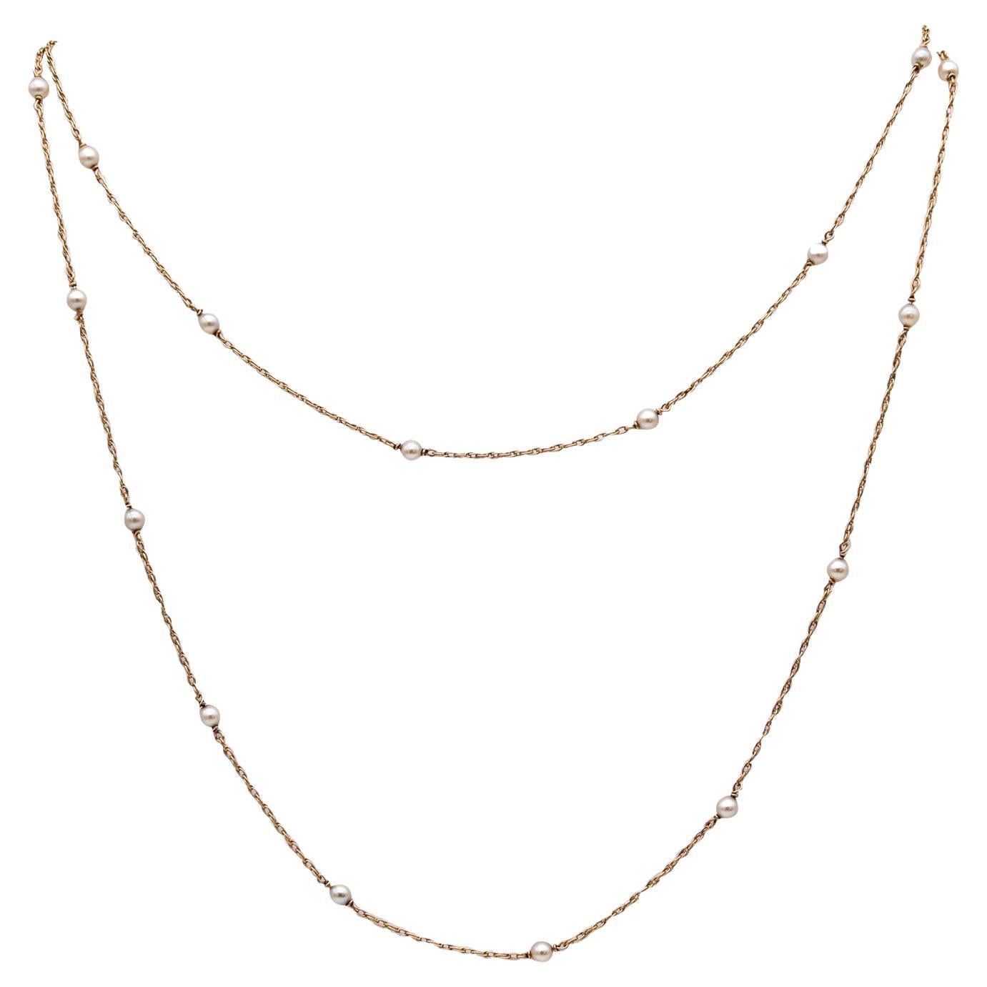 Art Deco 1930 Station Sautoir in 14kt Yellow Gold with 24 Natural Round Pearls