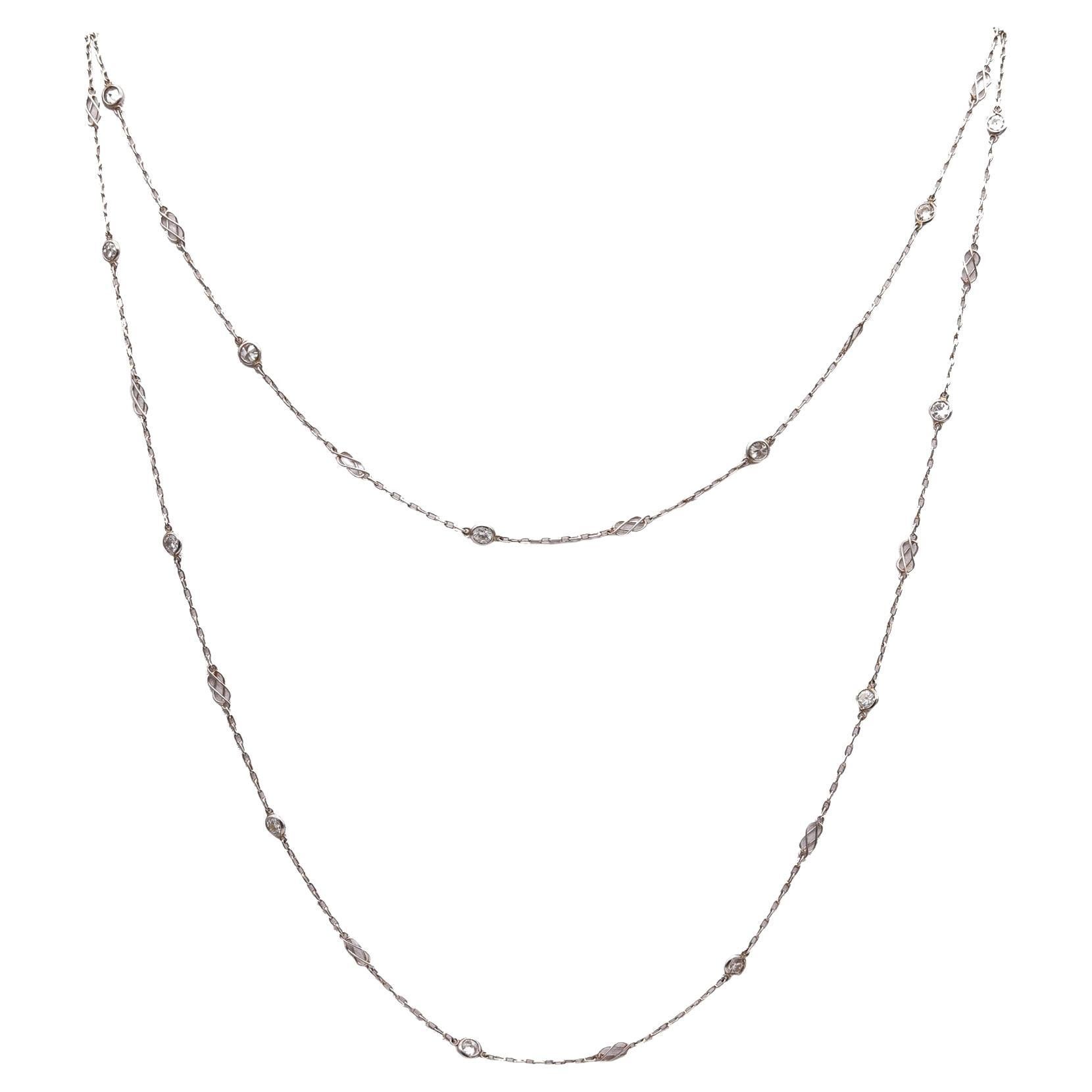 Art Deco 1930 Stations Long Chain Necklace In Platinum With 2.75 Ctw In Diamonds