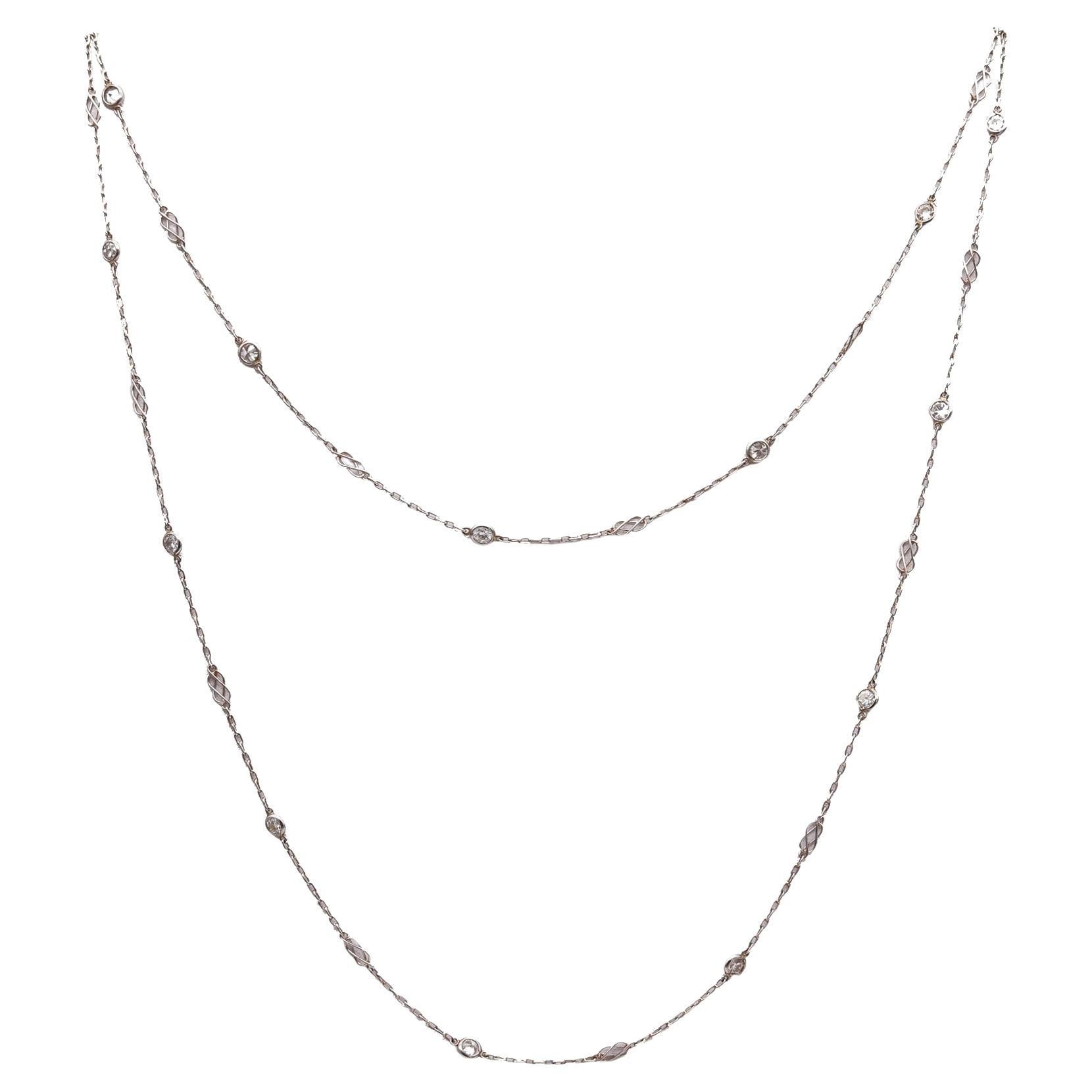 Art Deco 1930 Stations Long Chain Necklace In Platinum With 2.75 Ctw In Diamonds