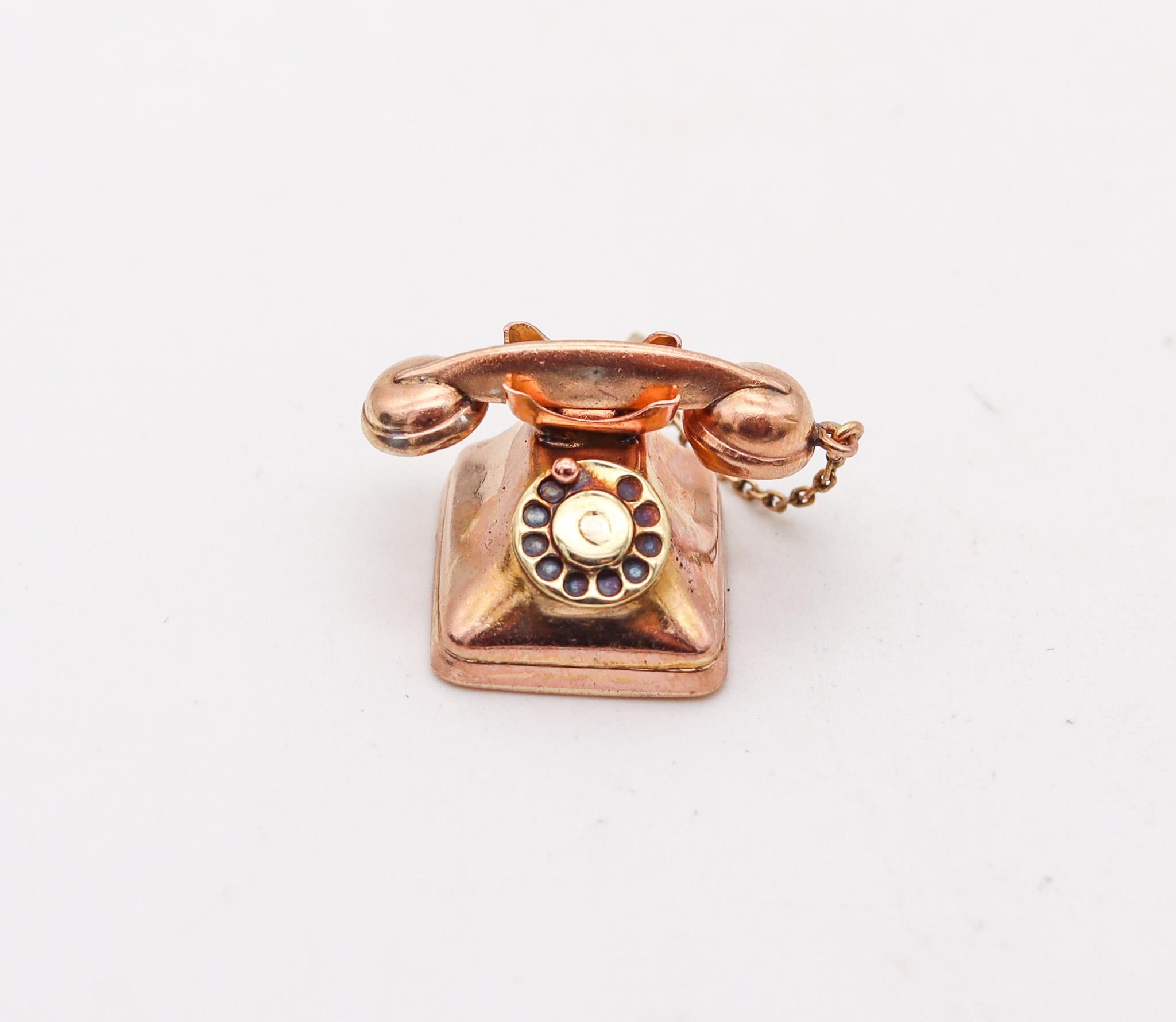 Art Deco 1930 Telephone Pendant And Charm In Solid 14Kt Yellow Gold In Excellent Condition For Sale In Miami, FL