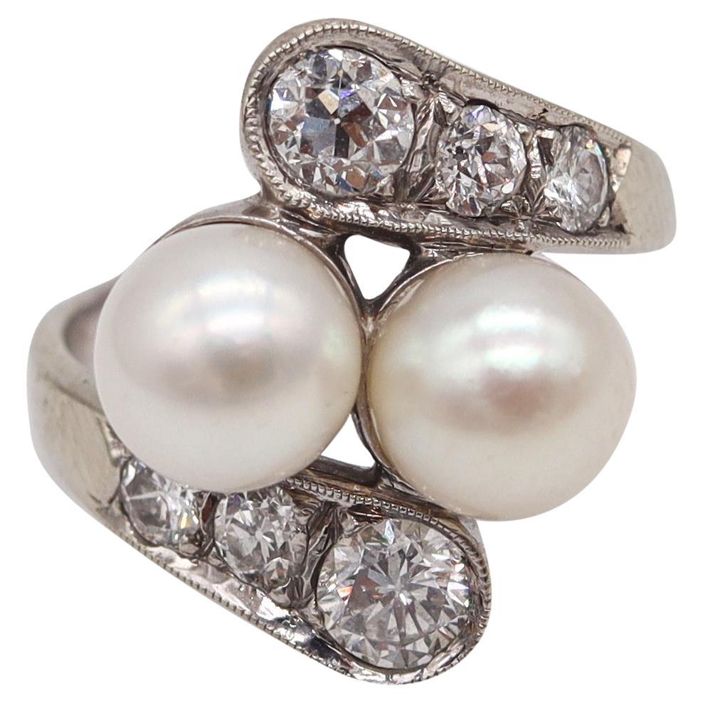 Art Deco 1930 Toi Et Moi Pearls Cocktail Ring 14Kt Gold With 1.08 Cts In Diamond