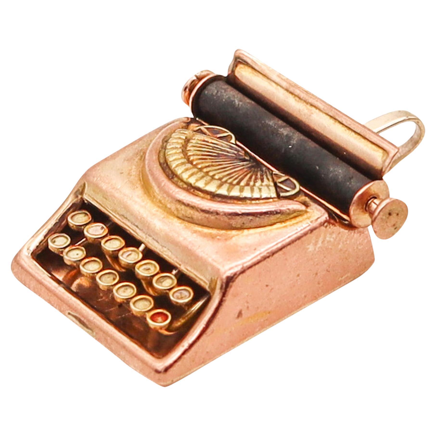Art Deco 1930 Typewriting Machine Pendant And Charm In Solid 14Kt Yellow Gold For Sale