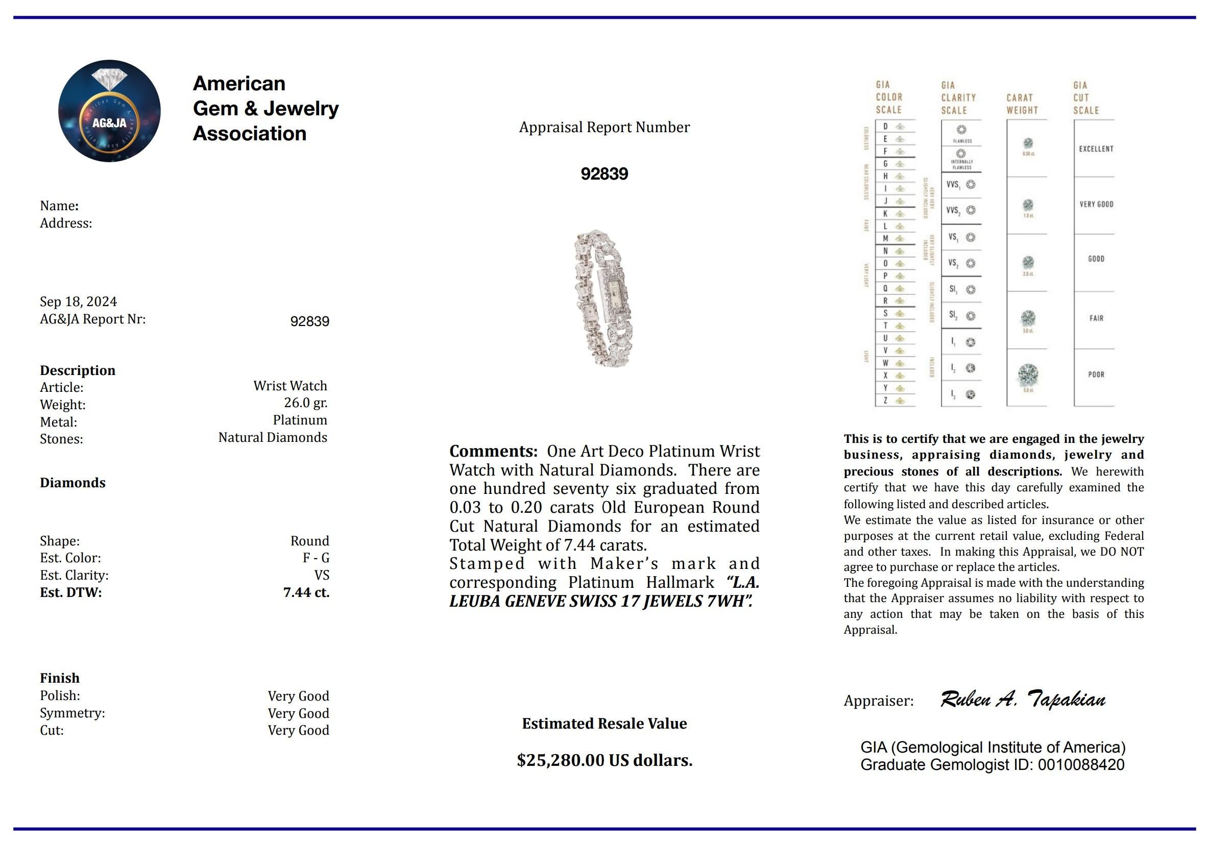 ART DECO 1930 Armbanduhr aus Platin mit 7,44 Gesamtkaratgewicht in europäischen Diamanten 4