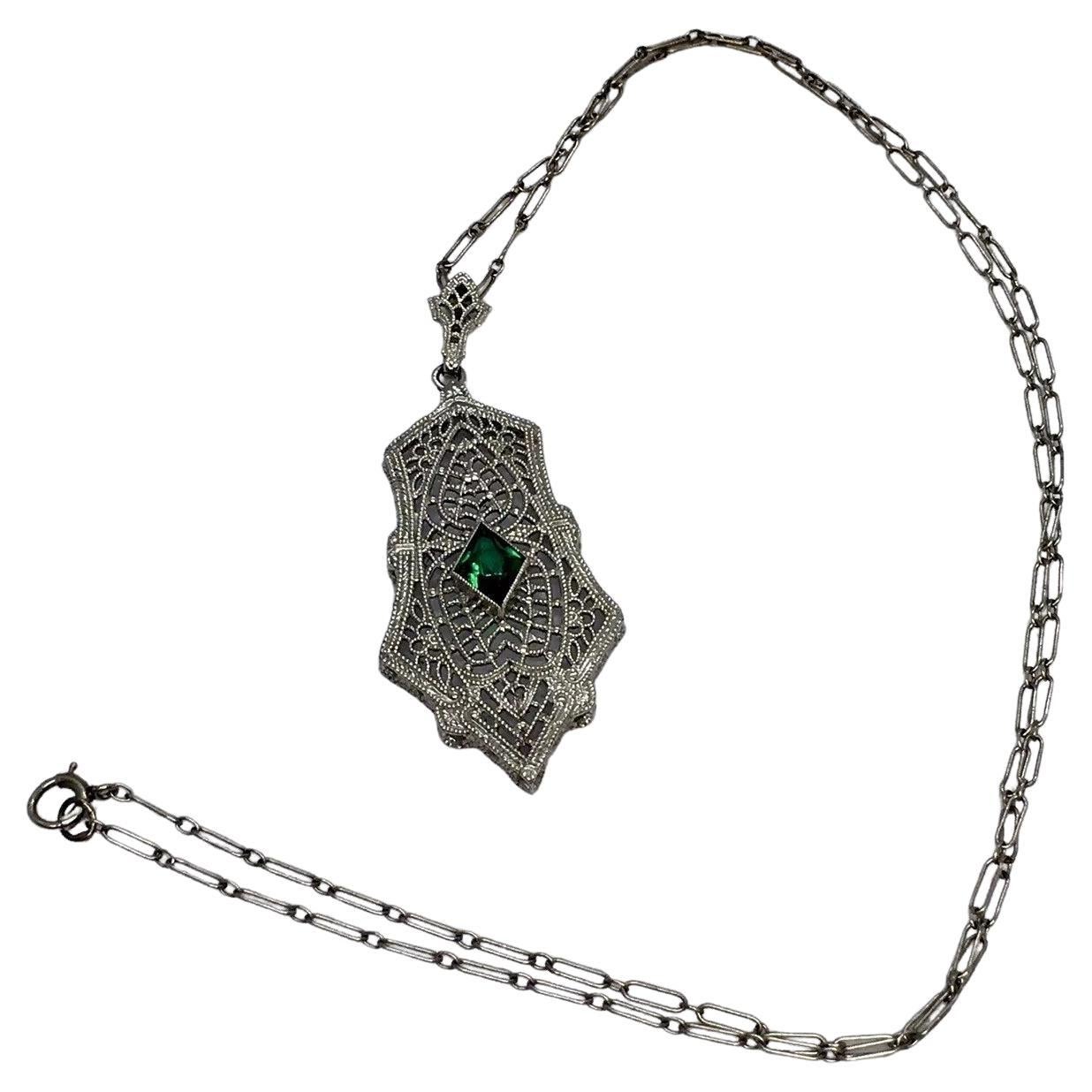Art Deco 1930s 10K White Gold Filigree Green Crystal Pendant Necklace