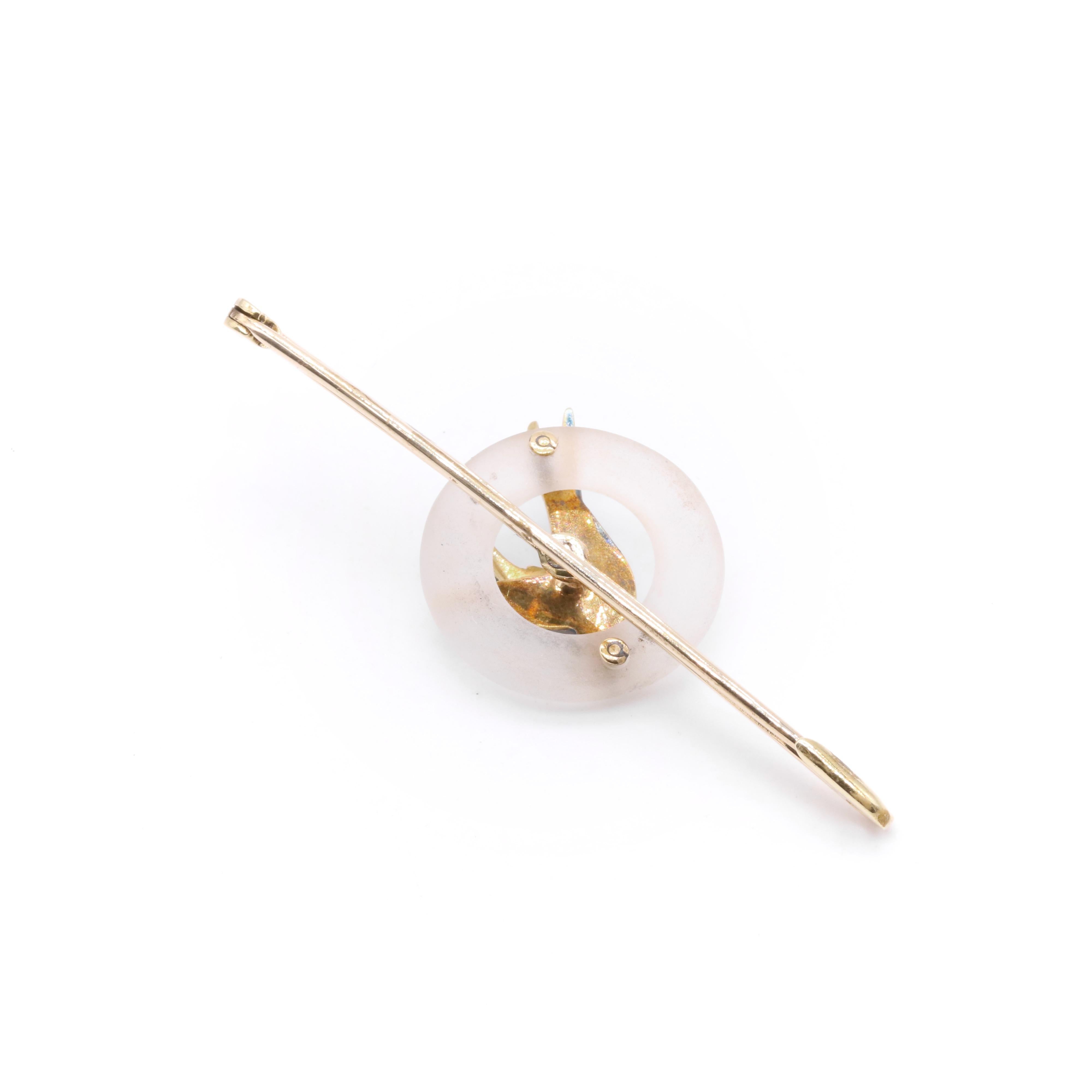 Art Deco 1930s 15K Yellow Gold Frosted Rock Crystal and Blue Enamel Bird Brooch For Sale 3