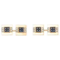 Art Déco 1930s 18ct Gold Double Cufflinks with Diamonds and Blue Stones