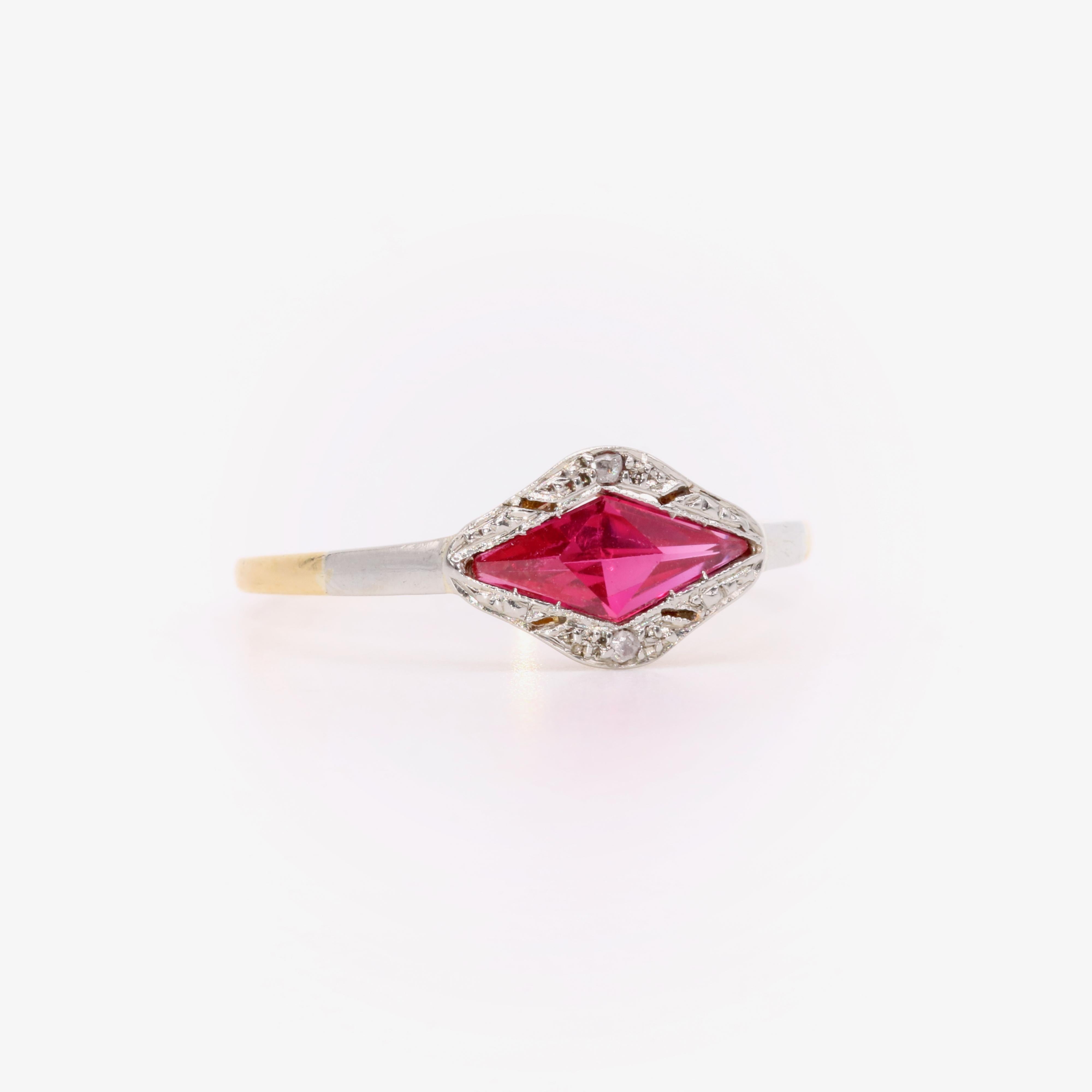 Mixed Cut Art Deco 1930s 18K White and Yellow Gold Ruby and Diamond Geometric Ring For Sale