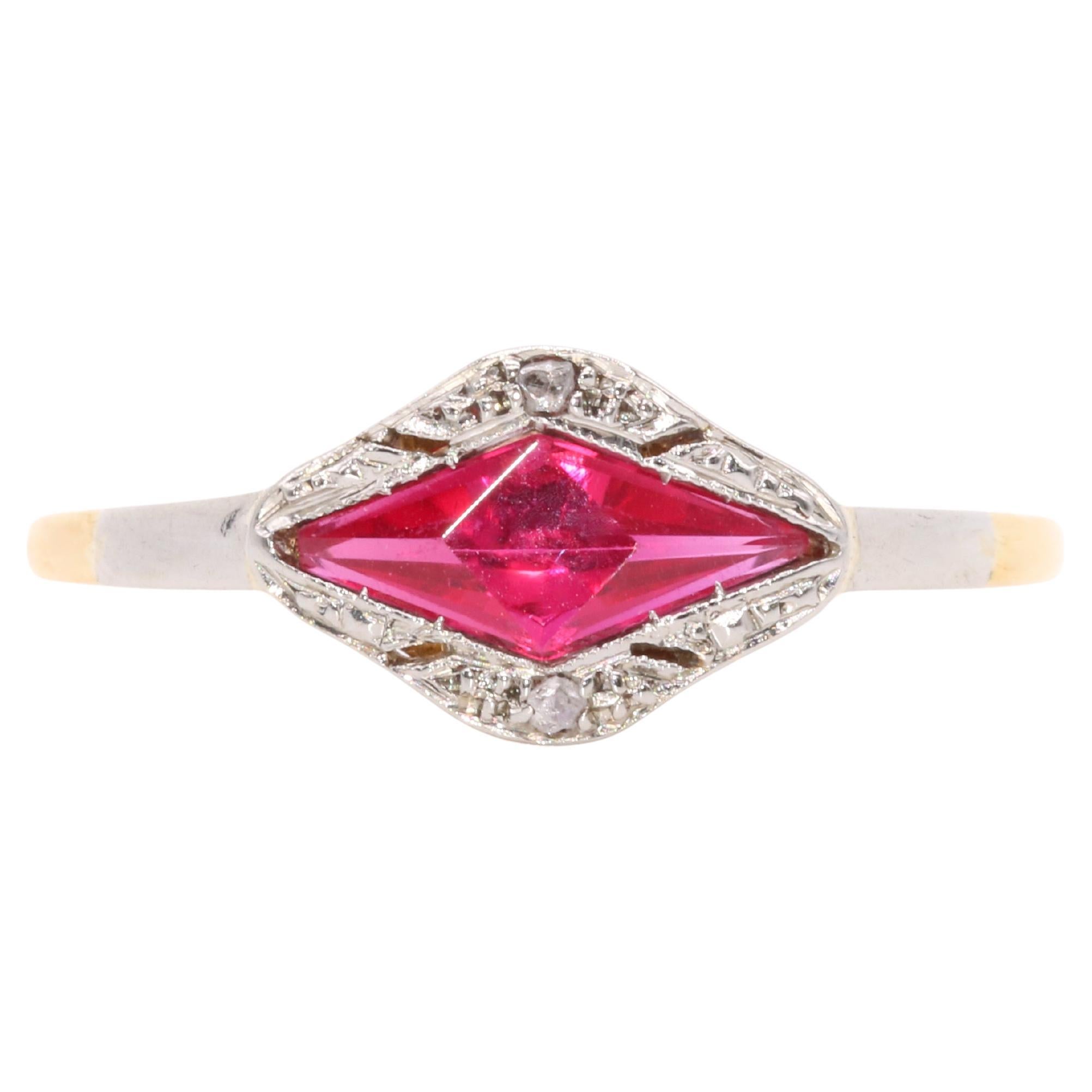 Art Deco 1930s 18K White and Yellow Gold Ruby and Diamond Geometric Ring