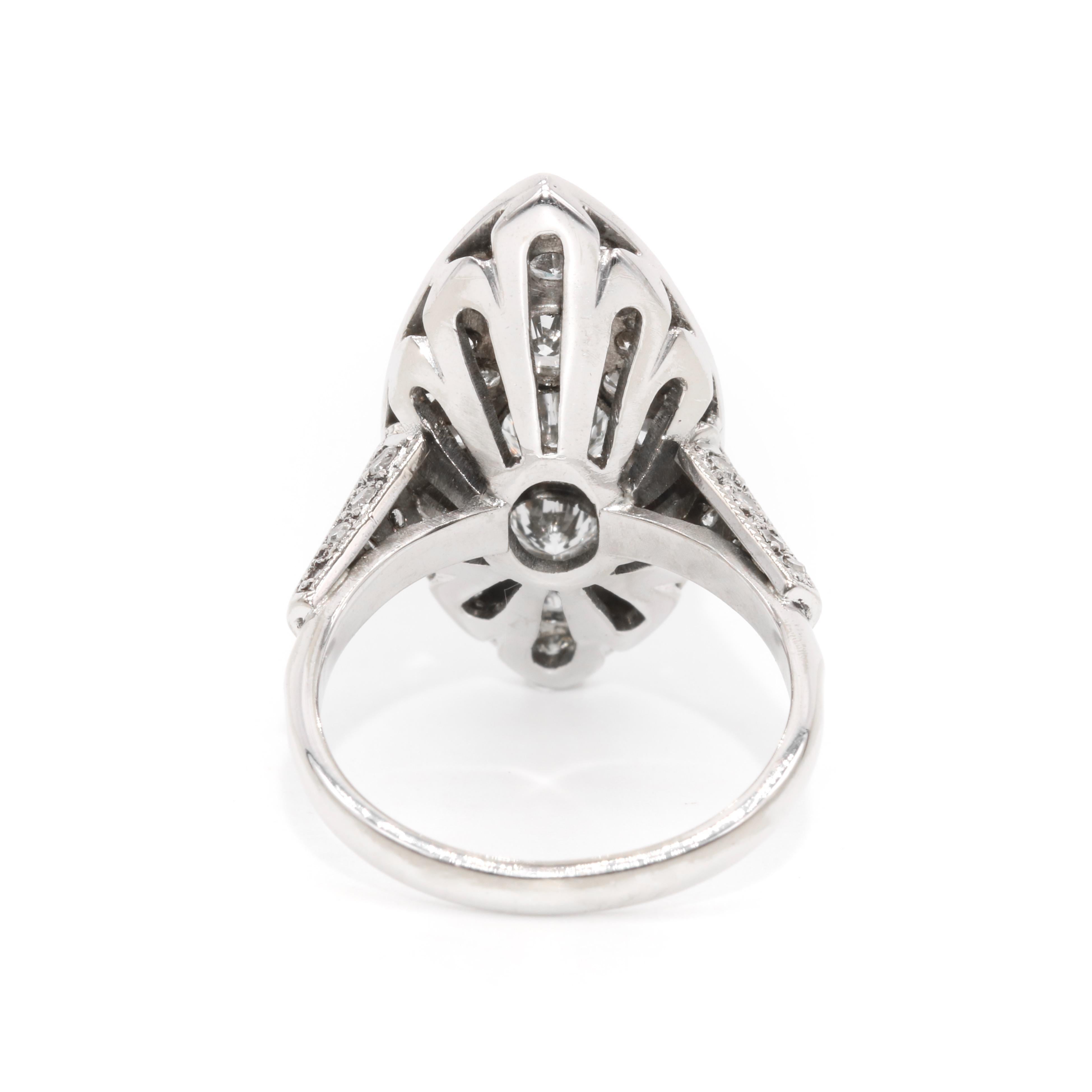 Art Deco 1930s 18K White Gold 1.82ctw Diamond Navette Panel Ring For Sale 1