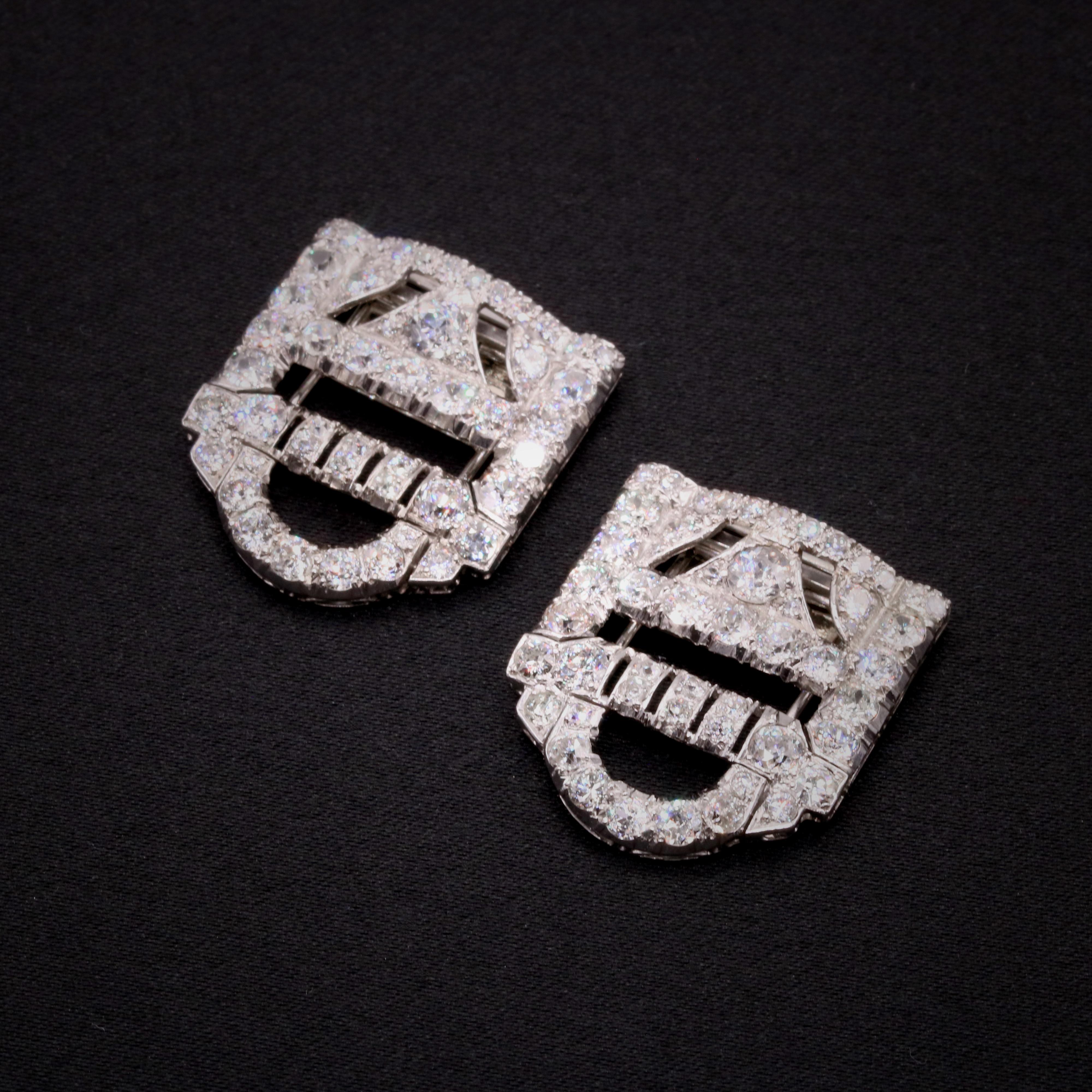 Old European Cut Art Deco 1930s 18K White Gold 7ctw Old Cut Diamond Dress Clips Brooches For Sale