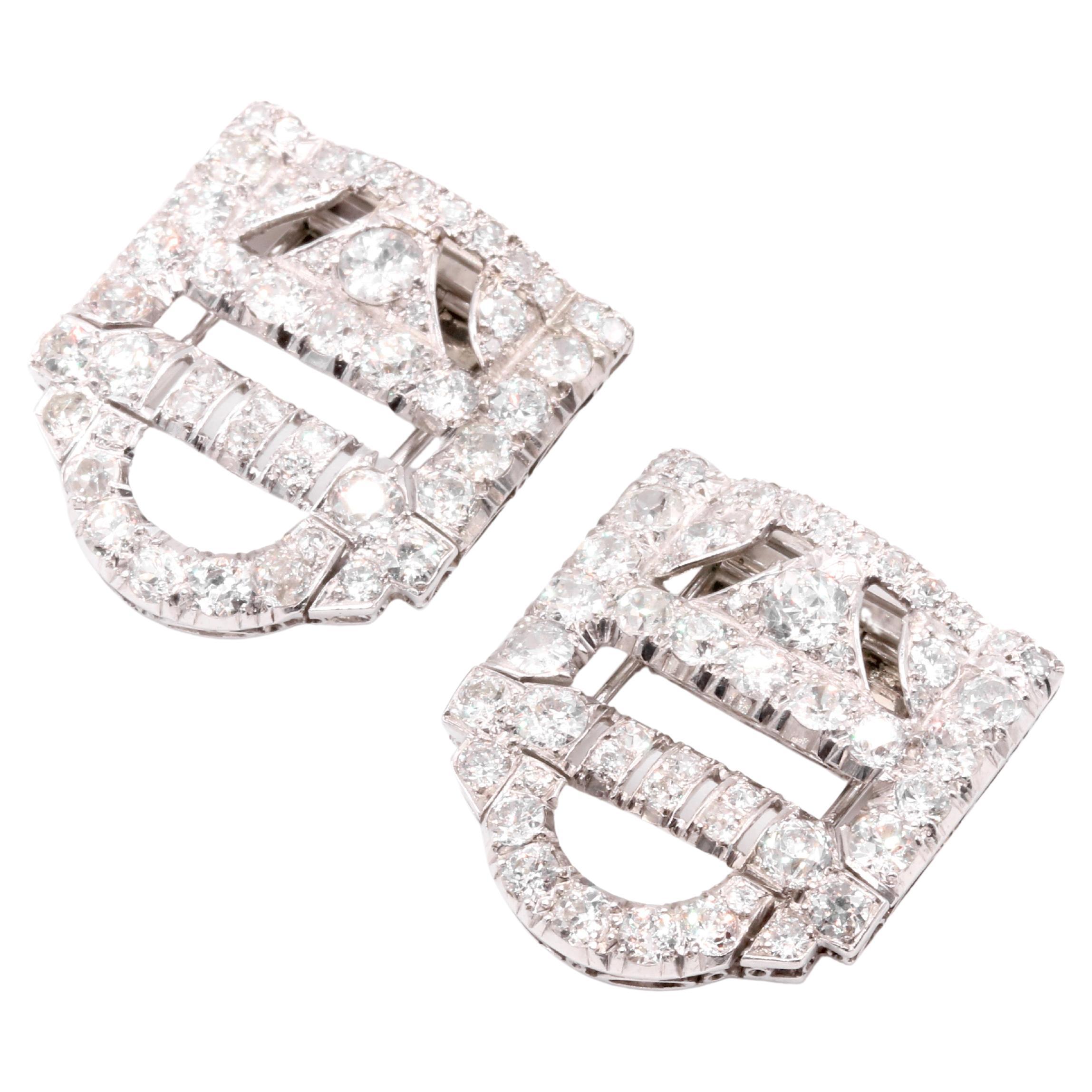 Art Deco 1930s 18K White Gold 7ctw Old Cut Diamond Dress Clips Brooches For Sale