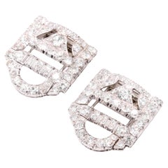 Art Deco 1930s 18K White Gold 7ctw Old Cut Diamond Dress Clips Brooches