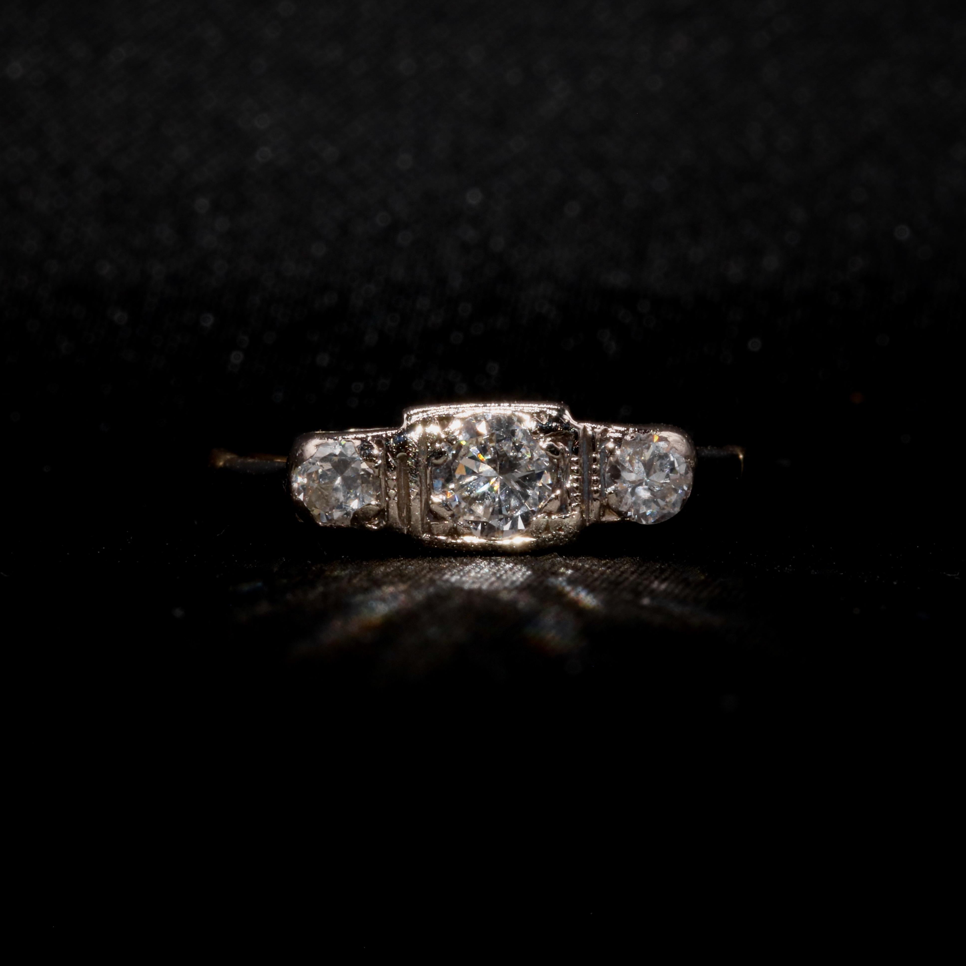 Brilliant Cut Art Deco 1930s 18K Yellow and White Gold 0.54ctw Diamond Trilogy Ring For Sale