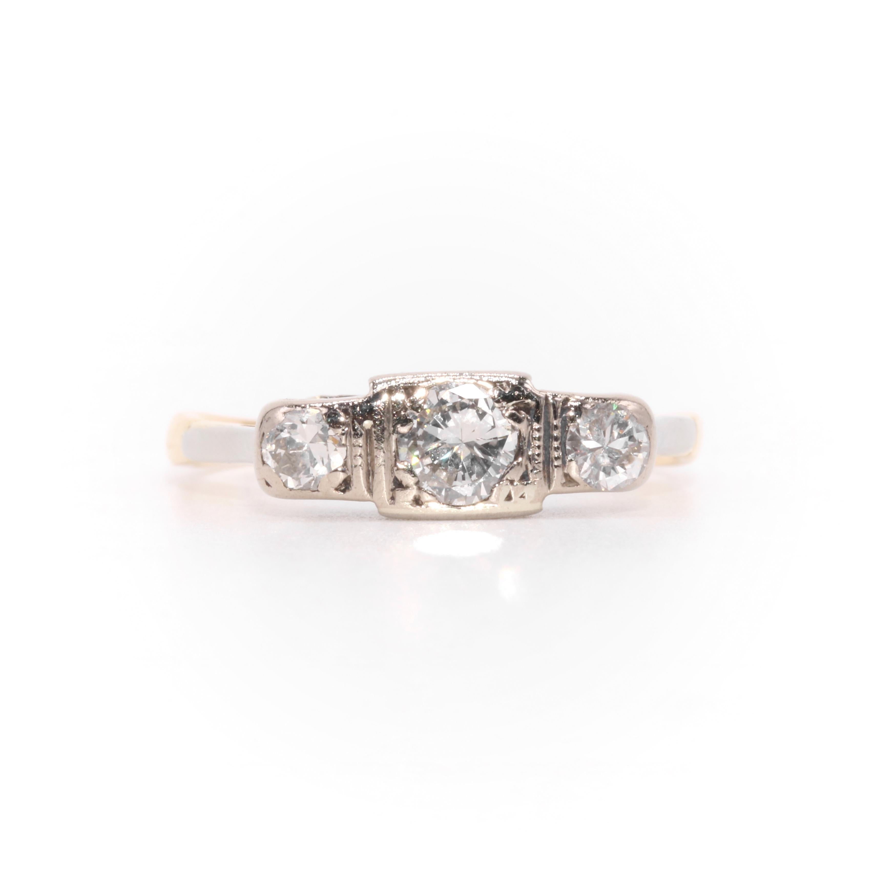 Art Deco 1930s 18K Yellow and White Gold 0.54ctw Diamond Trilogy Ring In Good Condition For Sale In Staines-Upon-Thames, GB