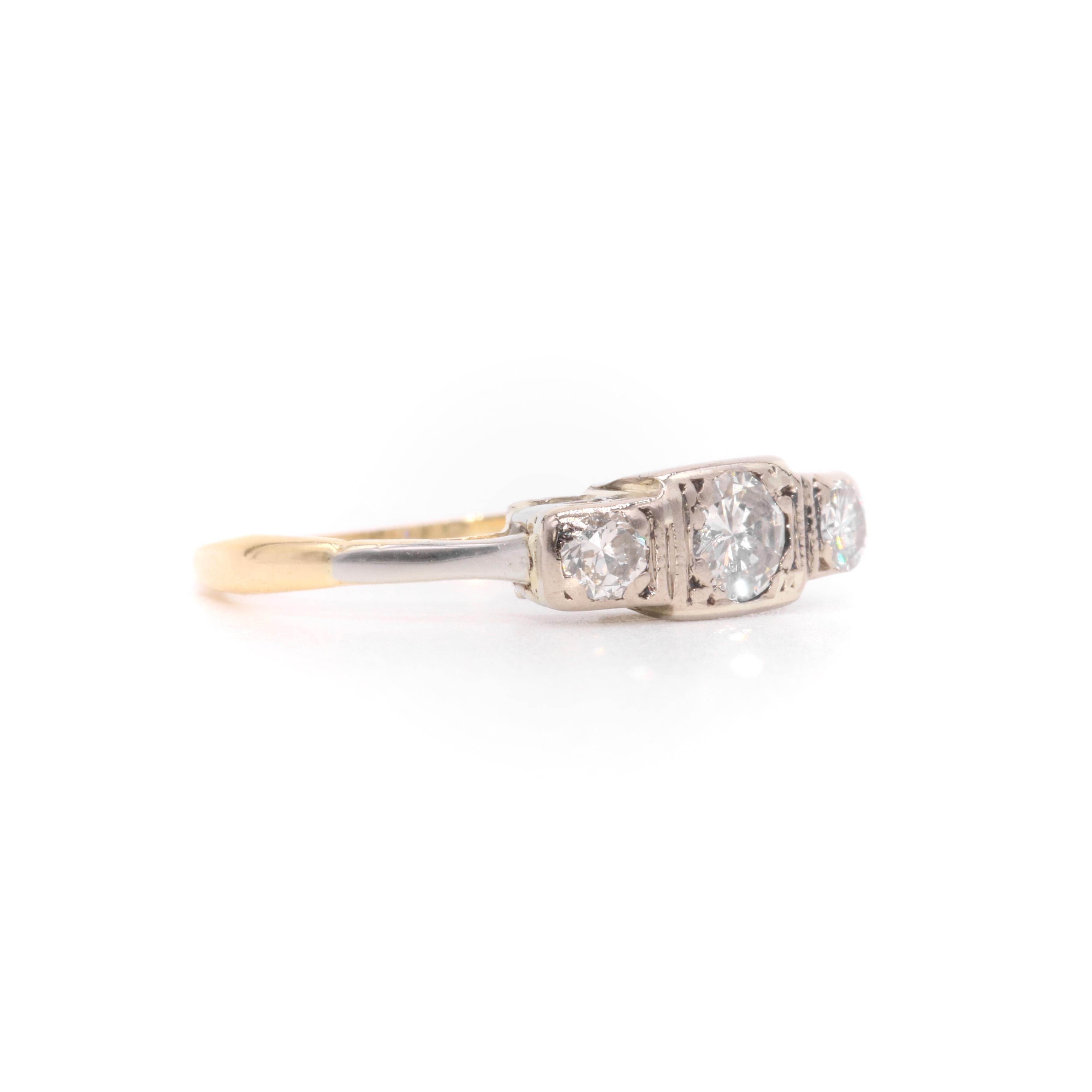 Women's or Men's Art Deco 1930s 18K Yellow and White Gold 0.54ctw Diamond Trilogy Ring For Sale