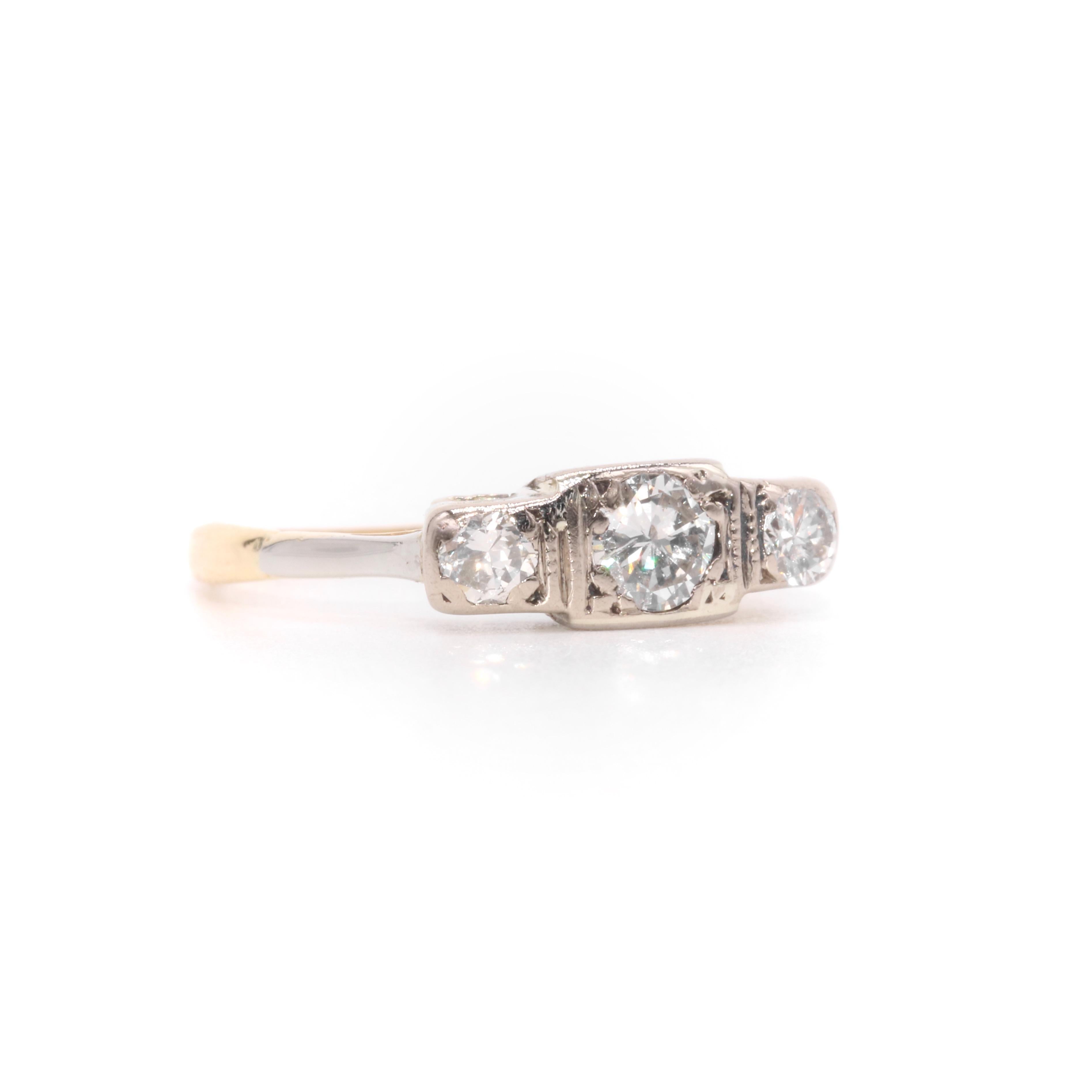 Art Deco 1930s 18K Yellow and White Gold 0.54ctw Diamond Trilogy Ring For Sale