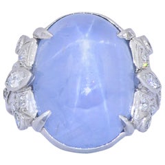 Art Deco 22.90 Carats Star Sapphire Diamond Platinum Cocktail Ring