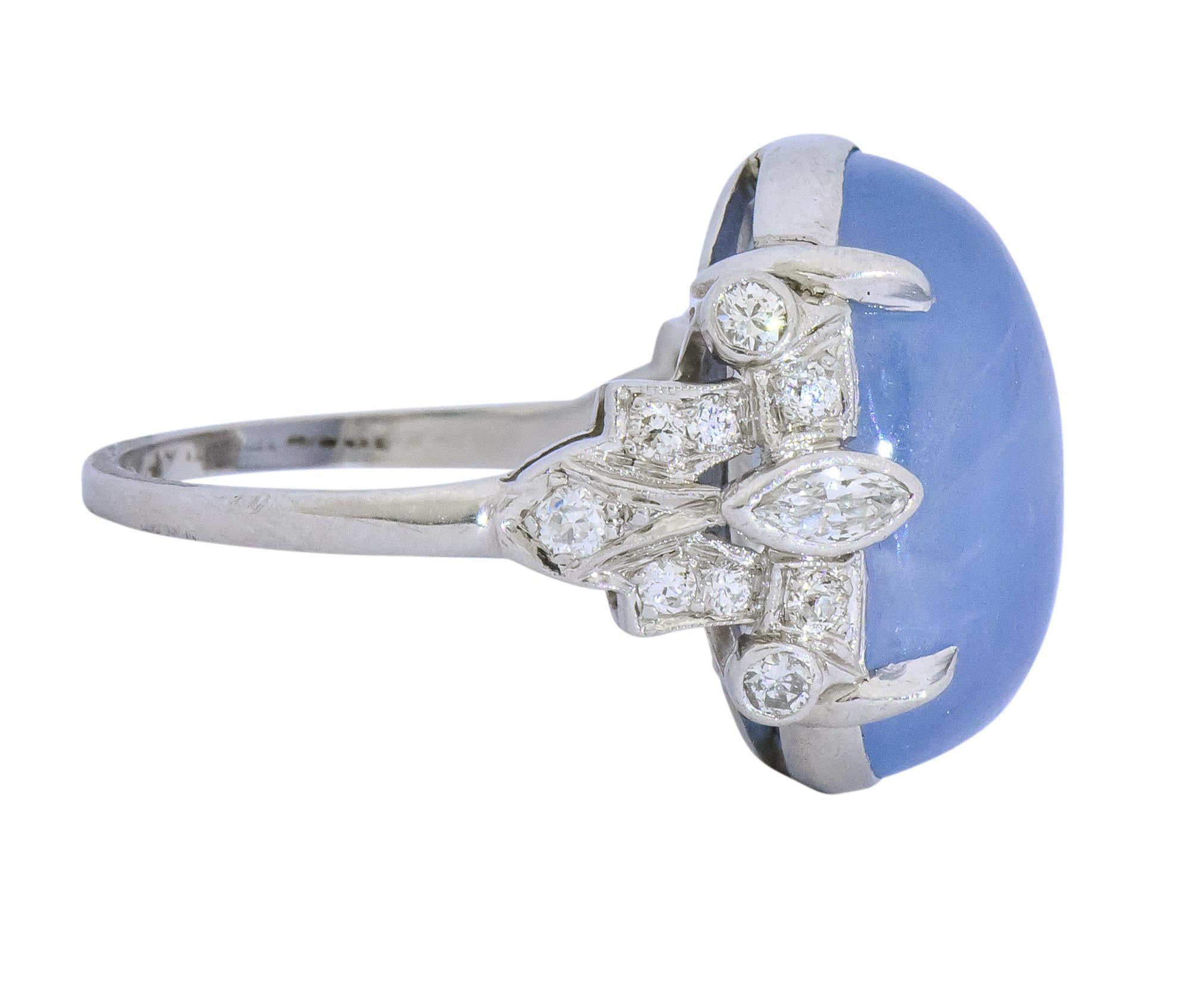 Cabochon Art Deco 22.90 Carats Star Sapphire Diamond Platinum Cocktail Ring